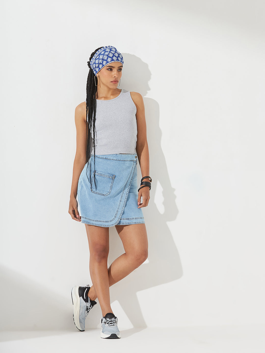 Light-Blue Regular High-Rise Above Knee Stretchable Denim Skirt for Women
