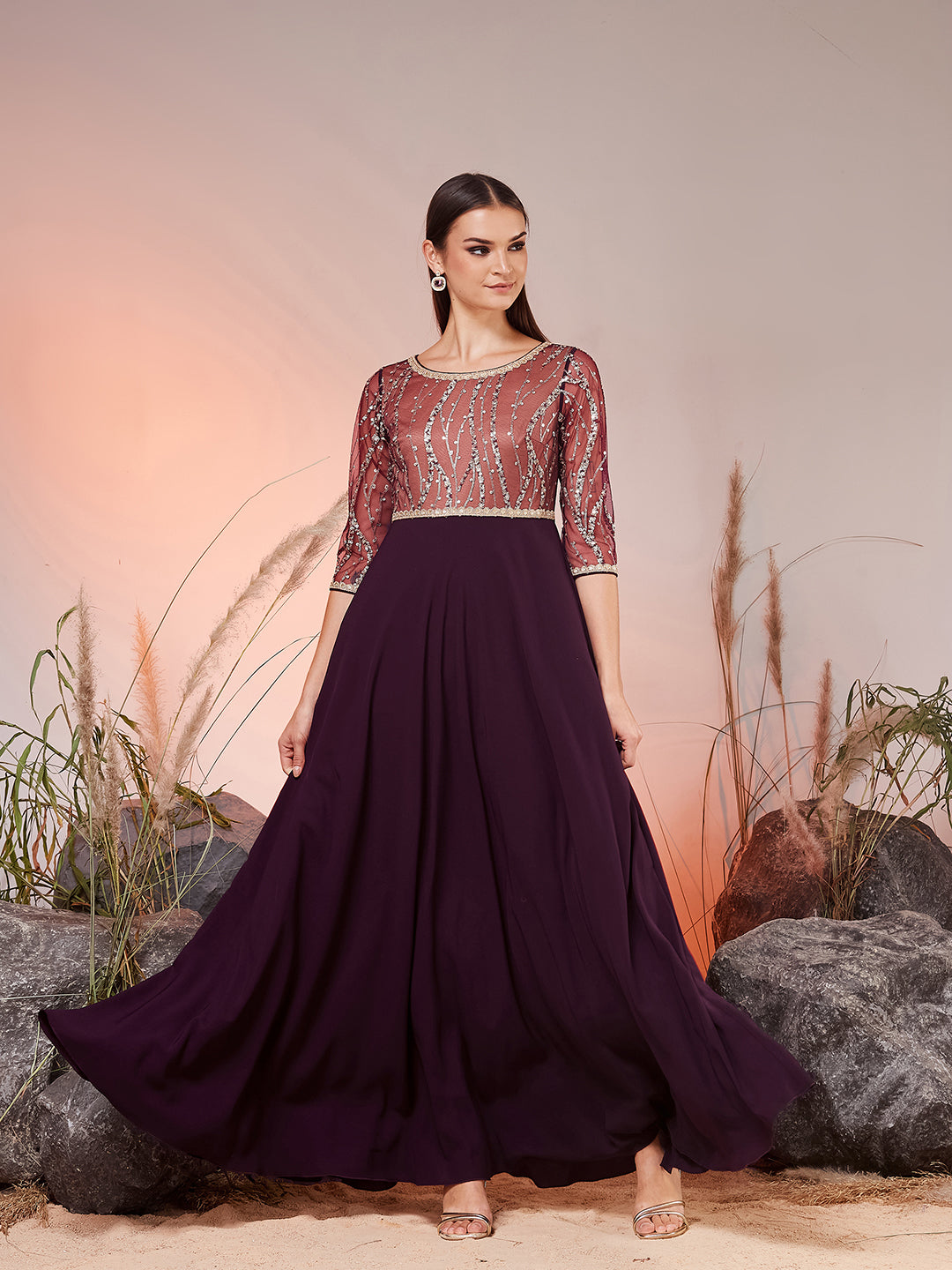 Dark Purple Round Neck 3/4 Sleeve Embellished Embellished Maxi Georgette Ethnic Dress for Women — Miss Chase
