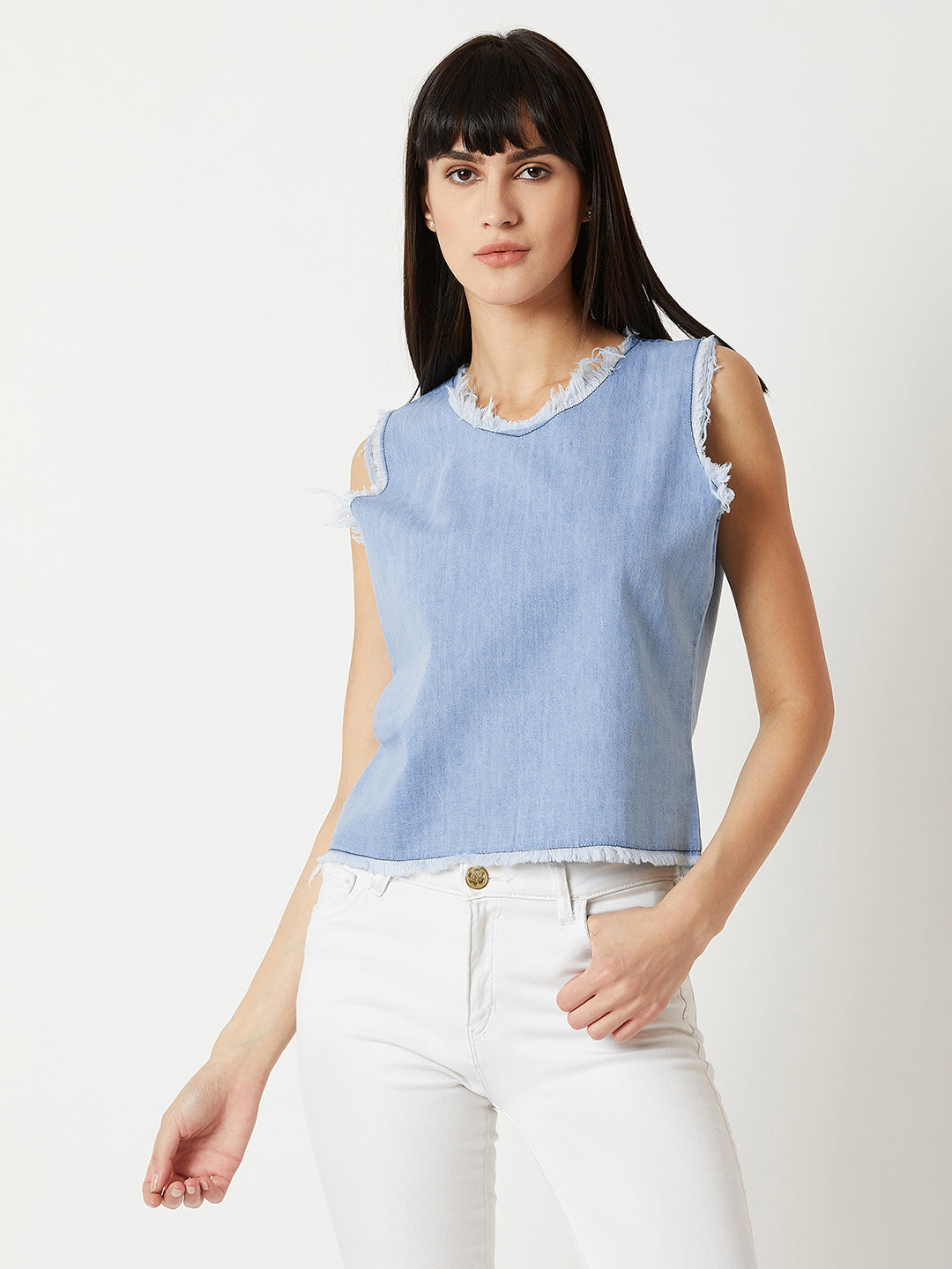 Women's Light Blue Round Neck Sleeveless Denim Solid Ice Wash Raw Edge Detailing Denim Crop Top