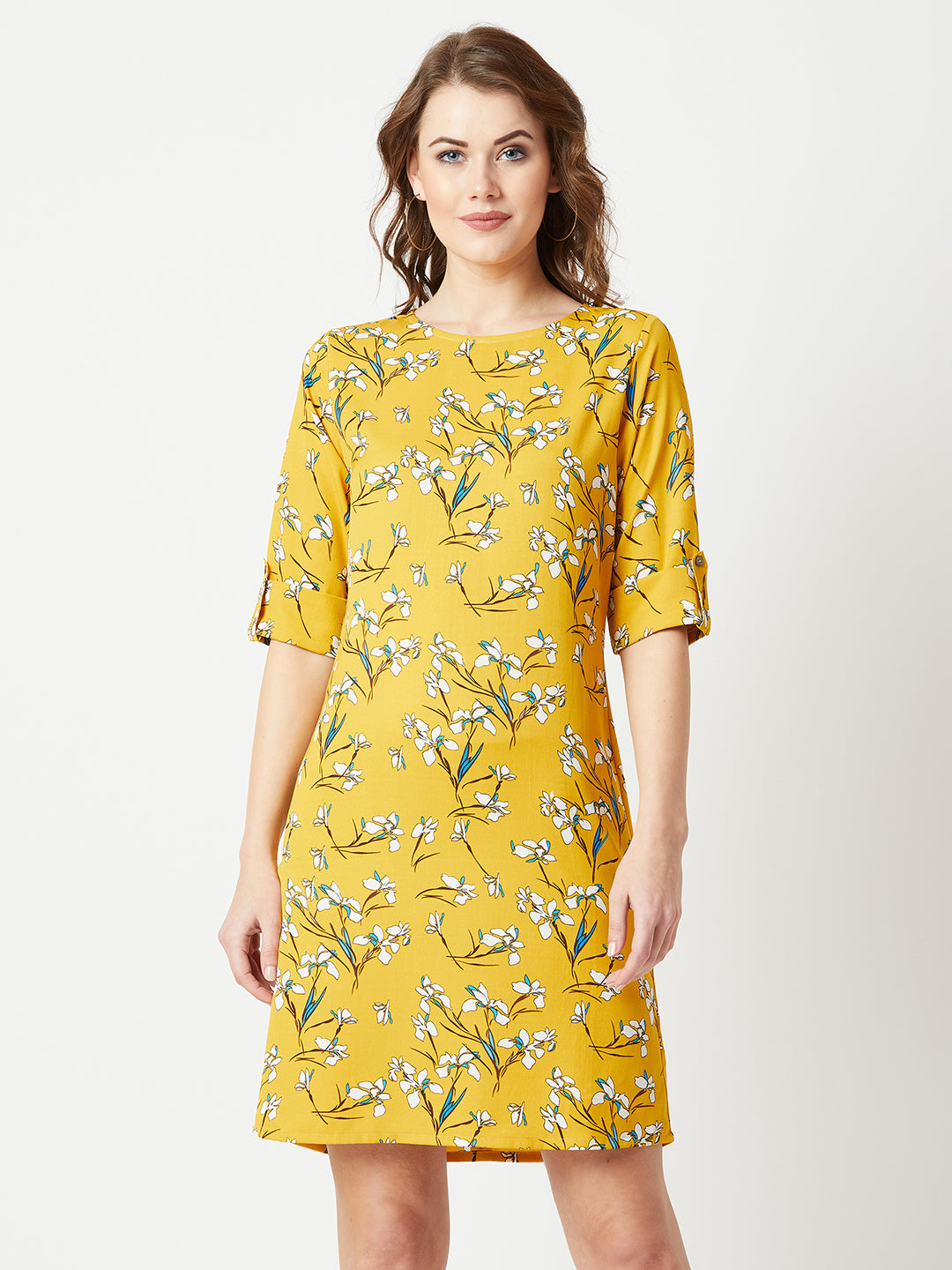 Women's Multicolored With A Yellow Base Round Neck 3/4 Sleeve Floral Knee-Long Shift Dress