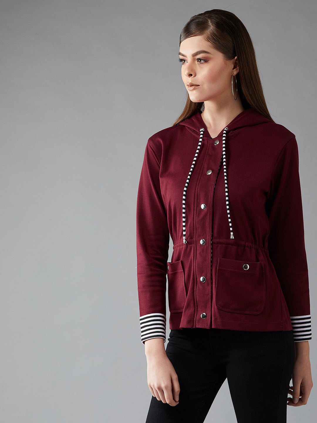 Women's Multicolor-Base Maroon Hooded Full Sleeves Solid Waist Tie-Up Regular Length Jacket