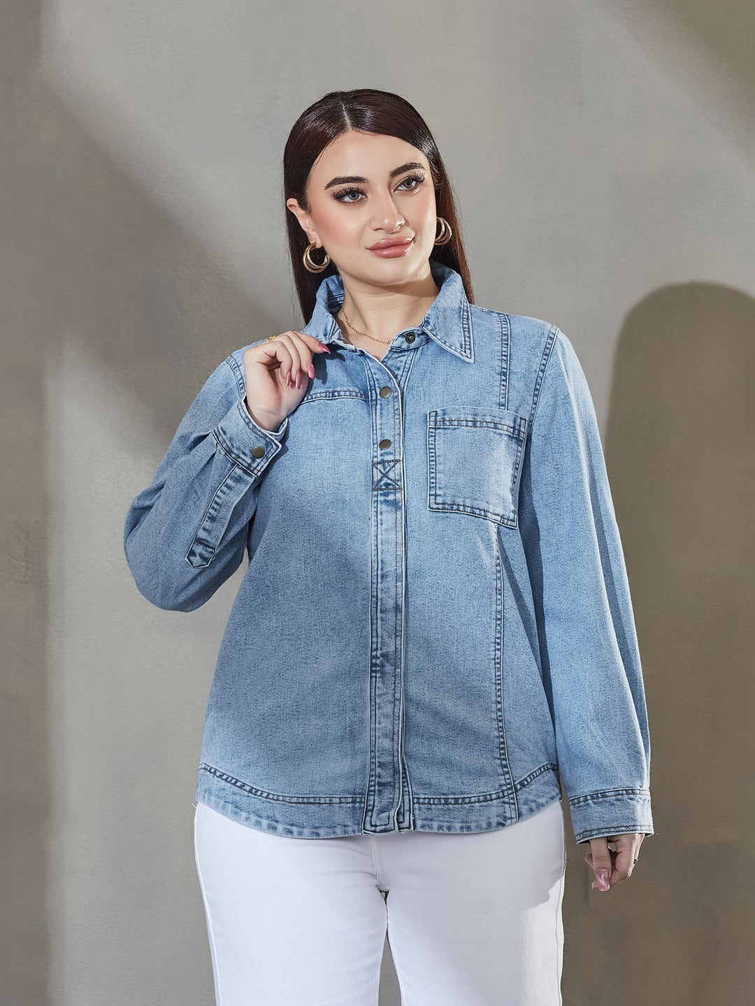 Light Blue Asymmetric Denim Shirt - Full Sleeves, Relaxed Fit, Collared for Women