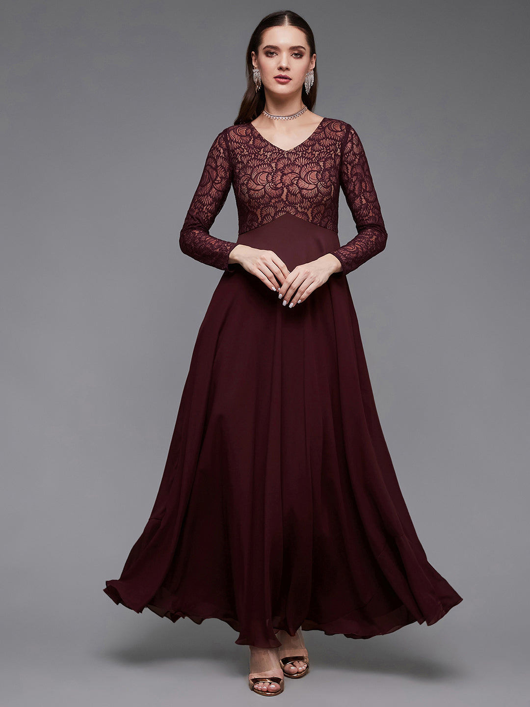 Women's Wine V-Neck Full Sleeve Self Design Lace-Overlaid Georgette Maxi Dress