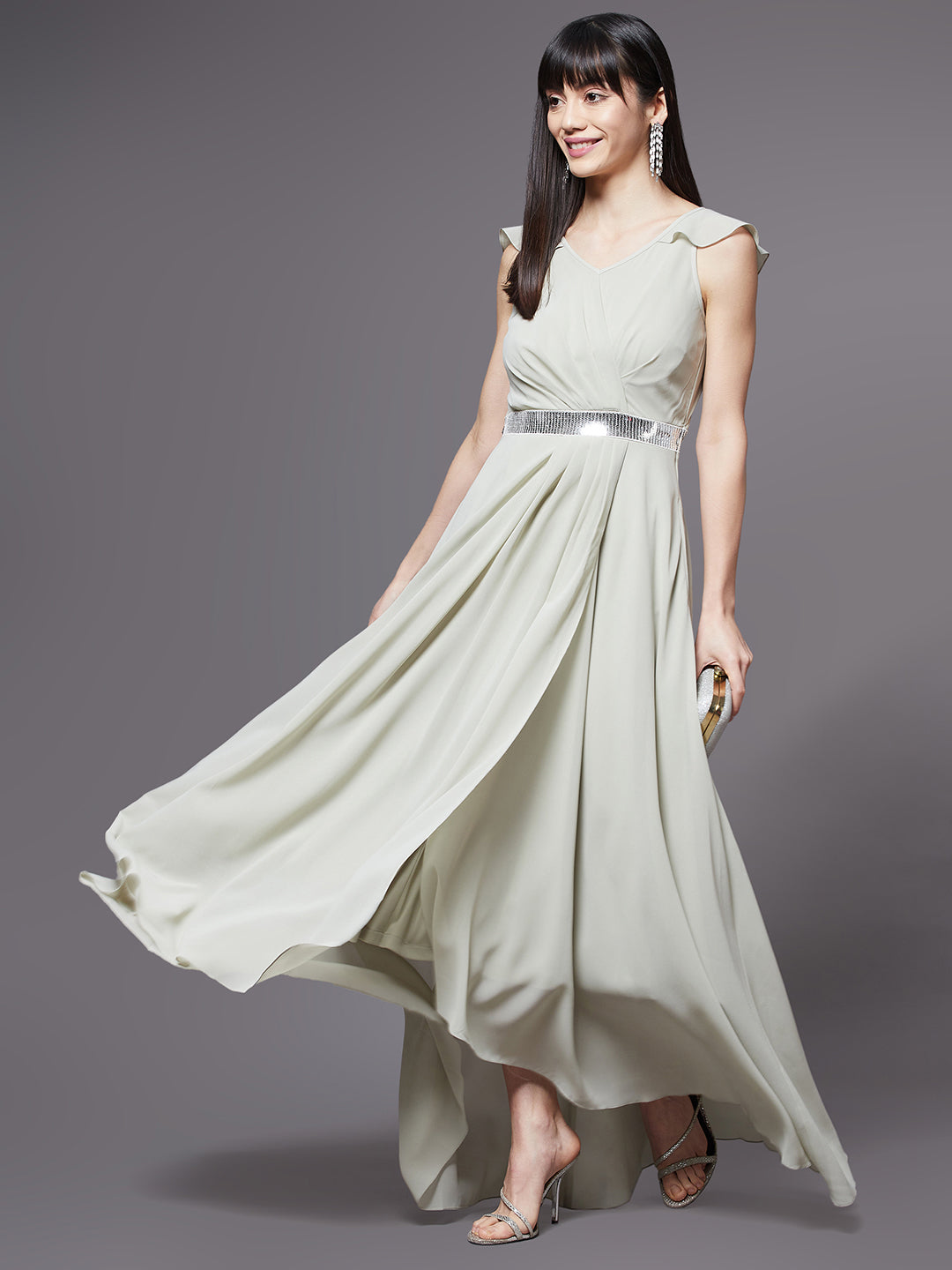 Dusty Green Solid Fit and Flare Maxi Dress with Silver Sequinned Belt