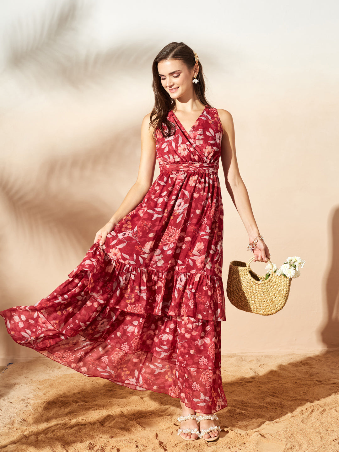 Maroon V-Neck Sleeveless Floral Criss Cross/ Layered/ Ruffled Maxi Chiffon Dress for Women — Miss Chase