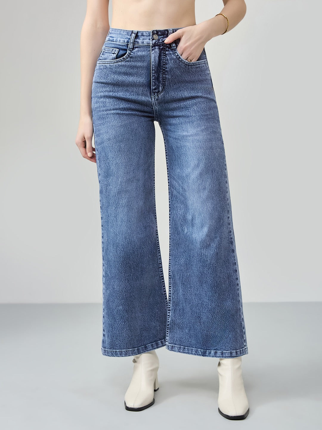 Light Blue Wide-Leg High-Rise Stretchable Denim Jeans for Women