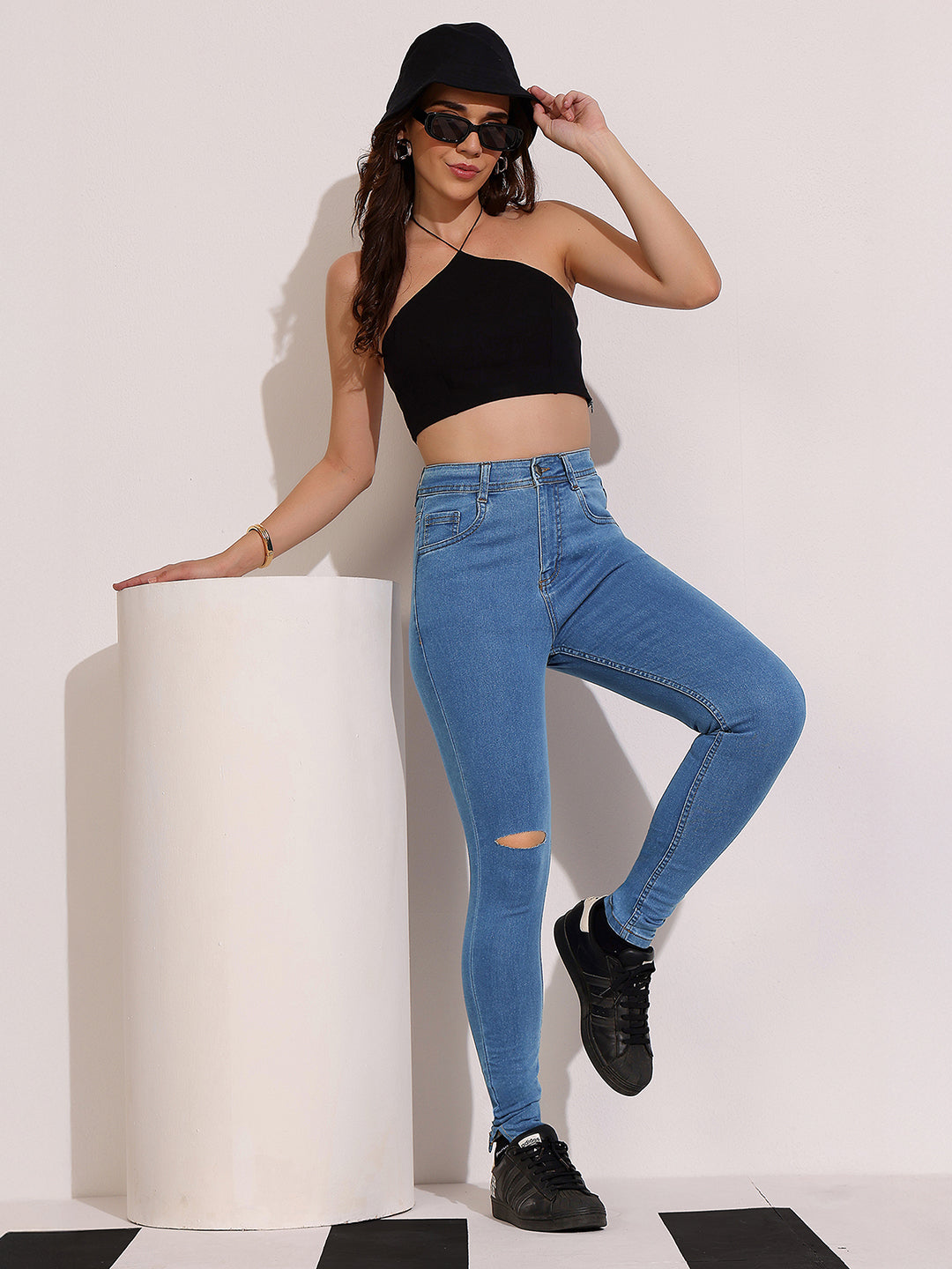 Women's Blue Skinny High-Rise Distressed Regular Denim Jeans