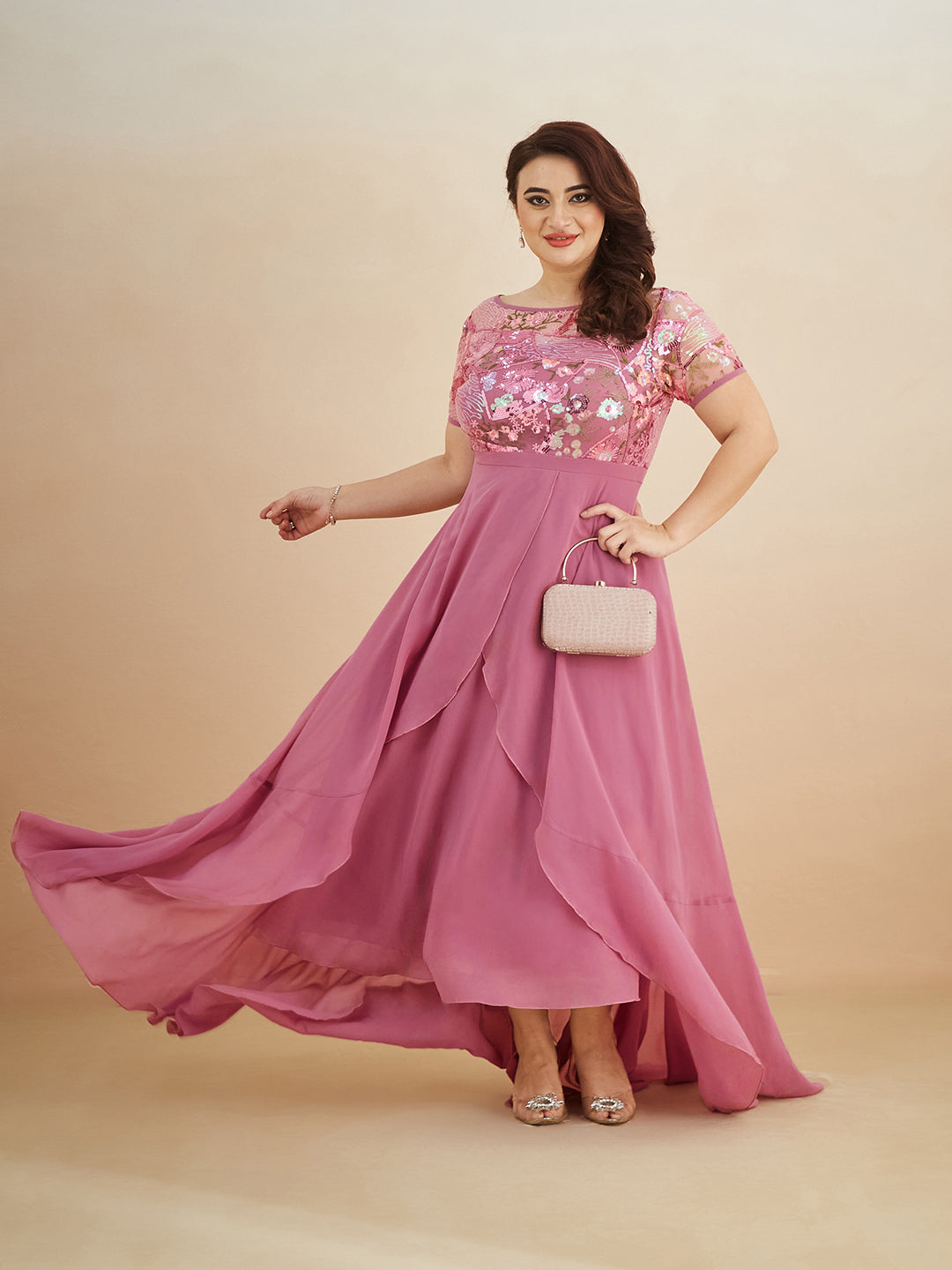 Multicolored-Base-Dusty Lavender Round Neck Short Sleeve Floral Layered Georgette Midi Dress for Women