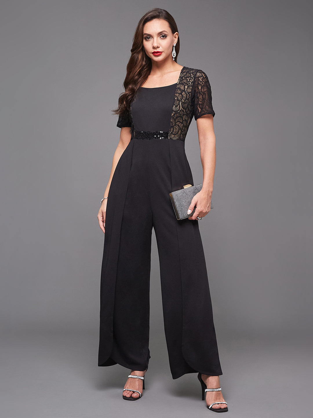 Women's Black Square-Neck Half-Sleeve Self-Designed Panelled Regular-Length Polyester Jumpsuit