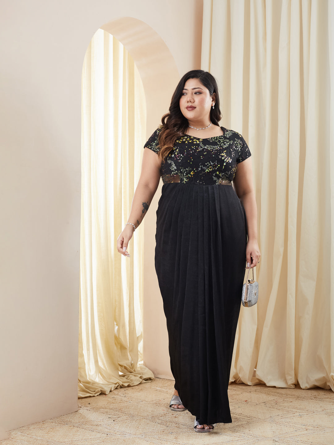 Black Sweetheart-Neck Raglan-Sleeve Embellished Draped Maxi Velvet Dress for Women