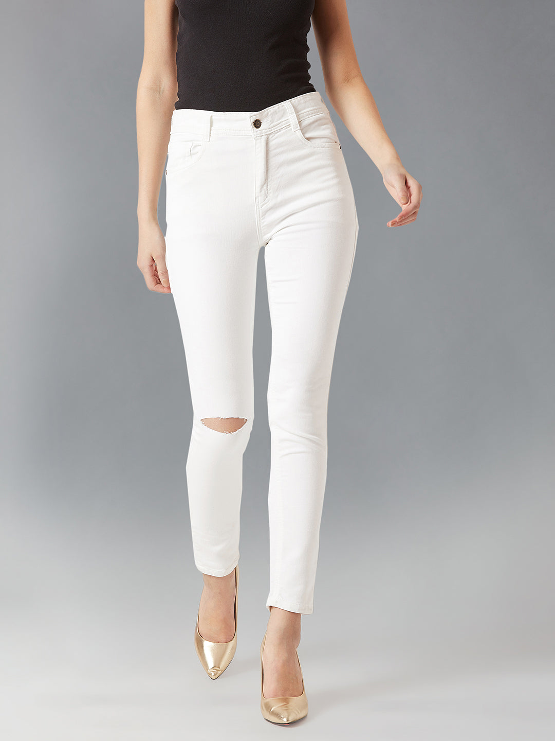 Women's White Skinny High Rise Clean Look Knee Slit Bleached Regular Length Stretchable Denim Jeans