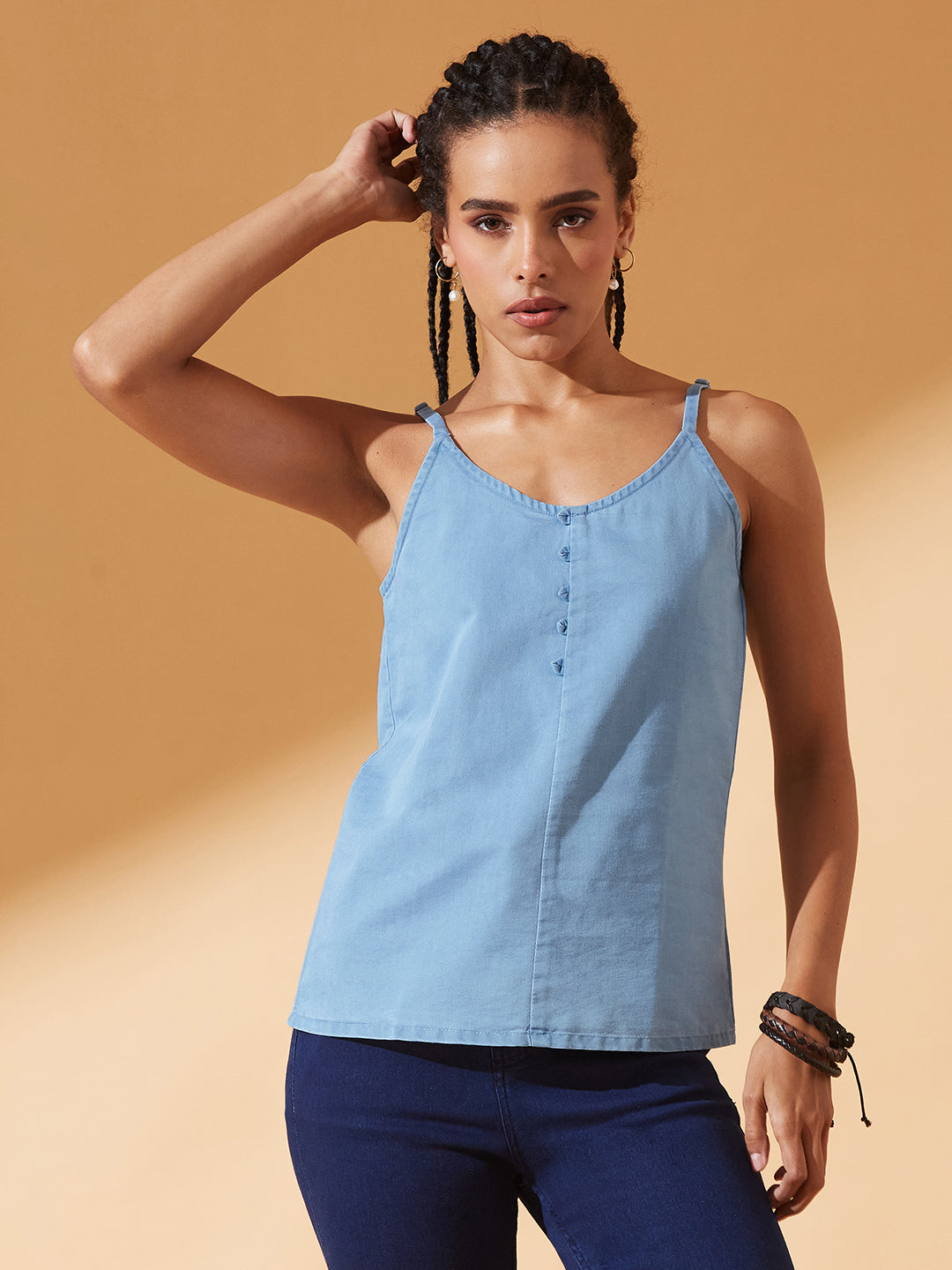 Light-Blue V Neck Sleeveless Cotton Solid Denim Spaghetti Top for Women