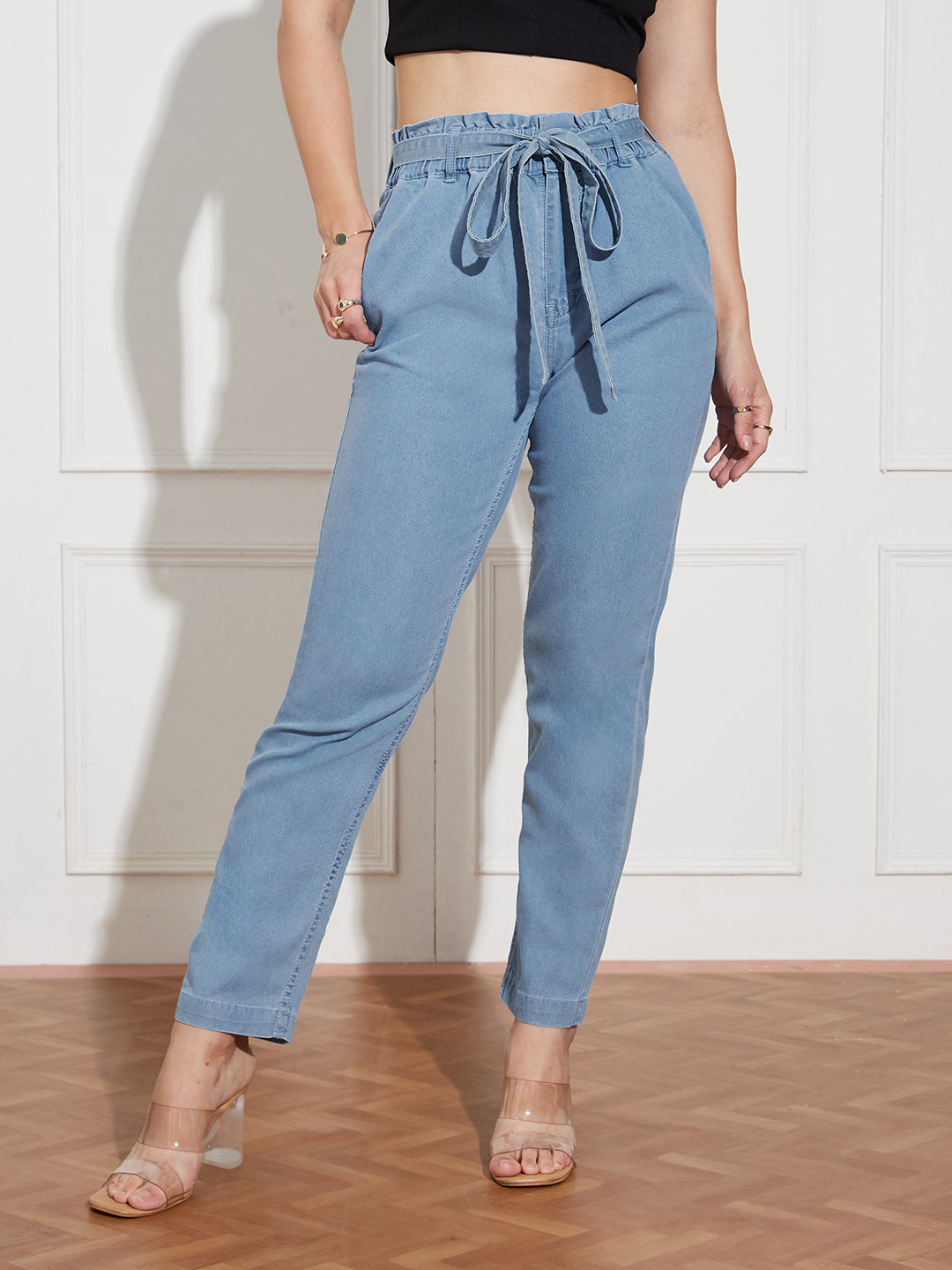 Women's Light-Blue Paperbag-Fit High-Rise Clean-Look Regular-Length Stretchable Denim Jeans