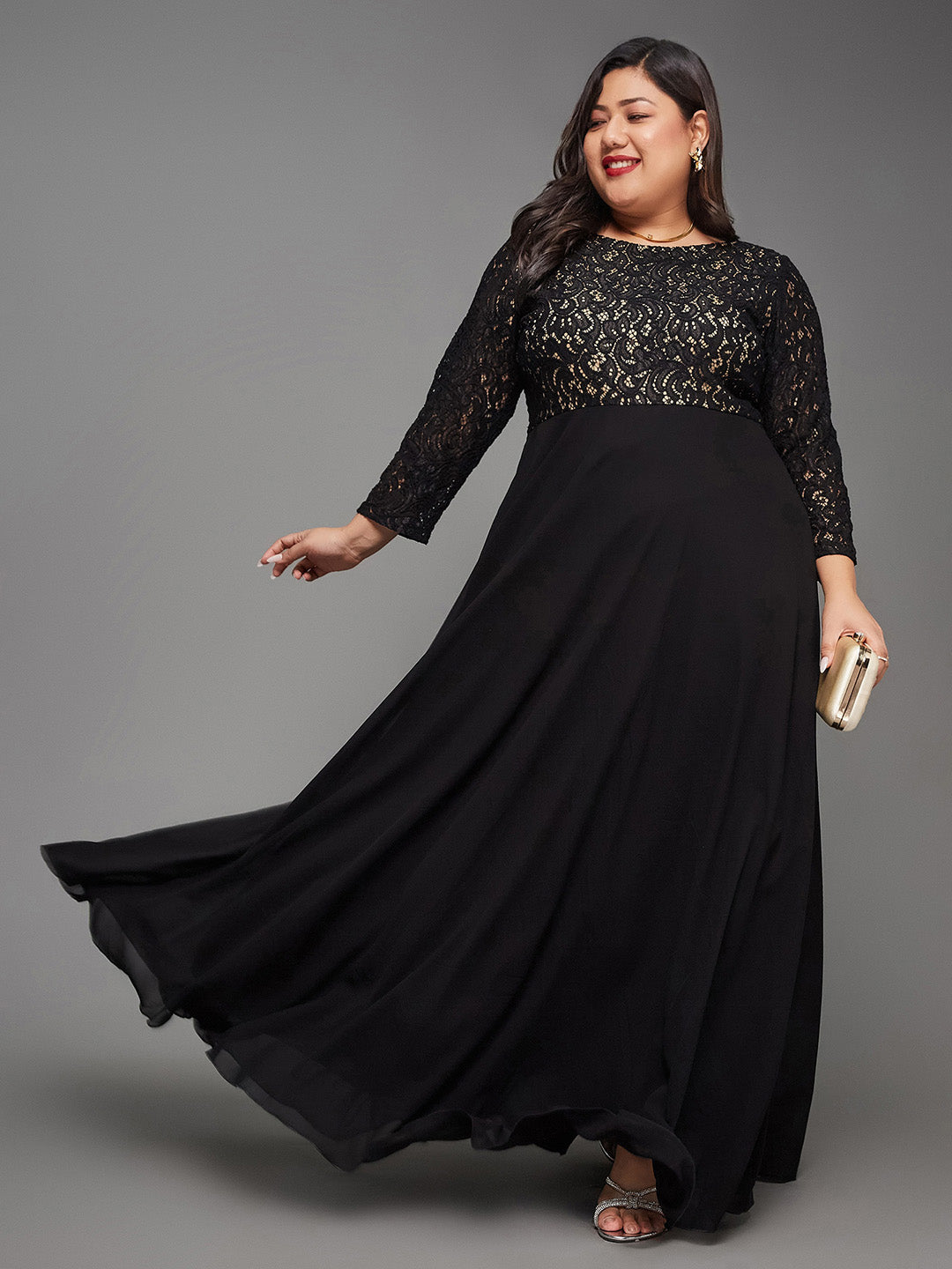 Women's Black Self Design Boat Neck 3/4 Sleeves Side Pocketed Georgette Fit and Flare Maxi Length Dress