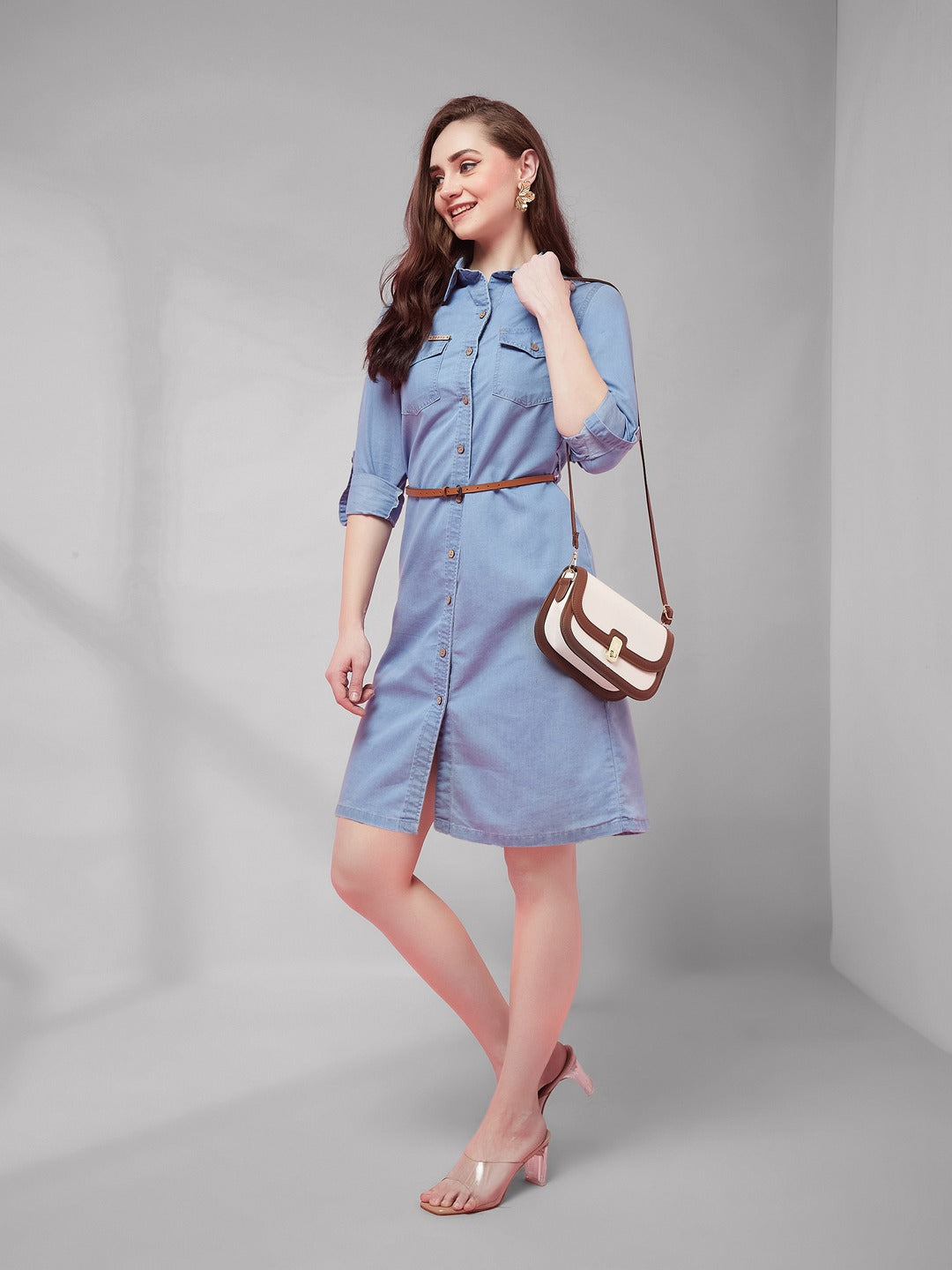 Blue Polo Neck Rolled Up Full Sleeve Denim Solid Buttoned A-Line Mini Dress for Women