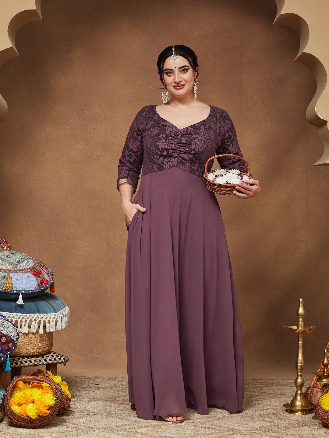 Mauve V-Neck Raglan-Sleeve Self-Designed Empire-Styled Georgette Maxi Dress for Women