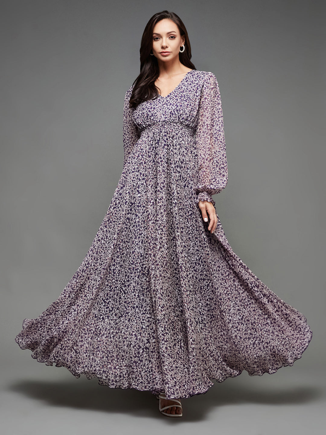 Women's Multicolored-Base-Purple V-Neck Bishop Sleeve Floral Gathered Chiffon Maxi Dress