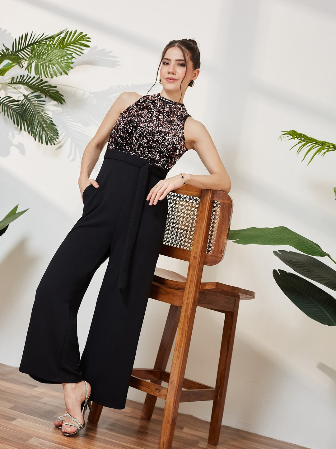 Black & Lavender Embellished Regular Jumpsuit for Women