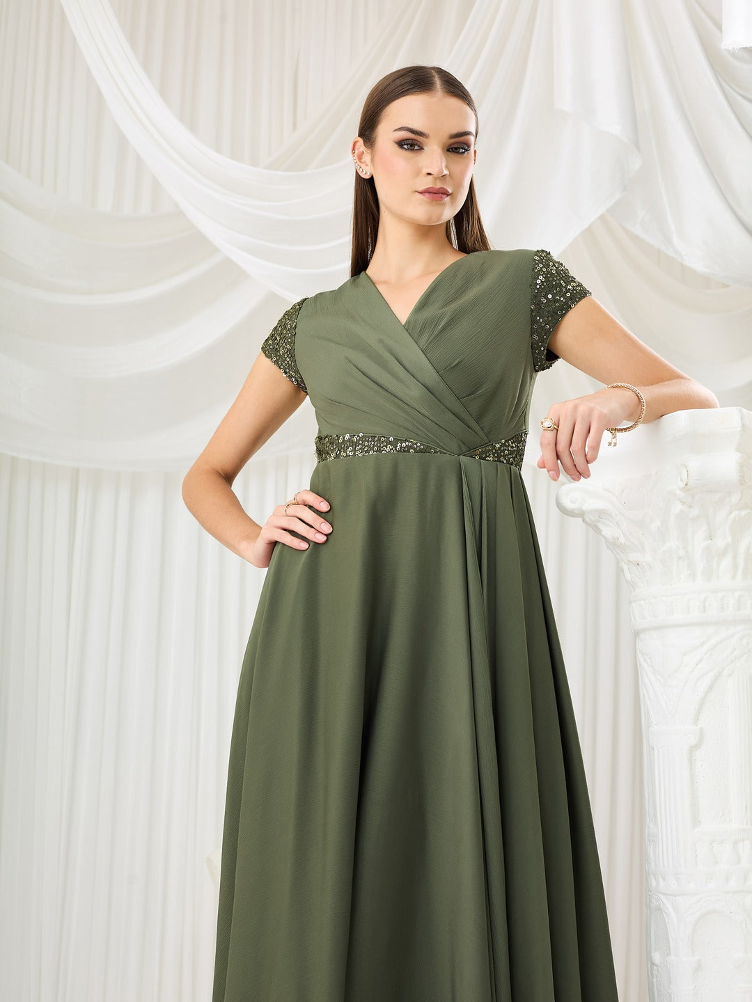 Embellished Pale Olive Gown in Asymmetric Draped Premium Satin for Women