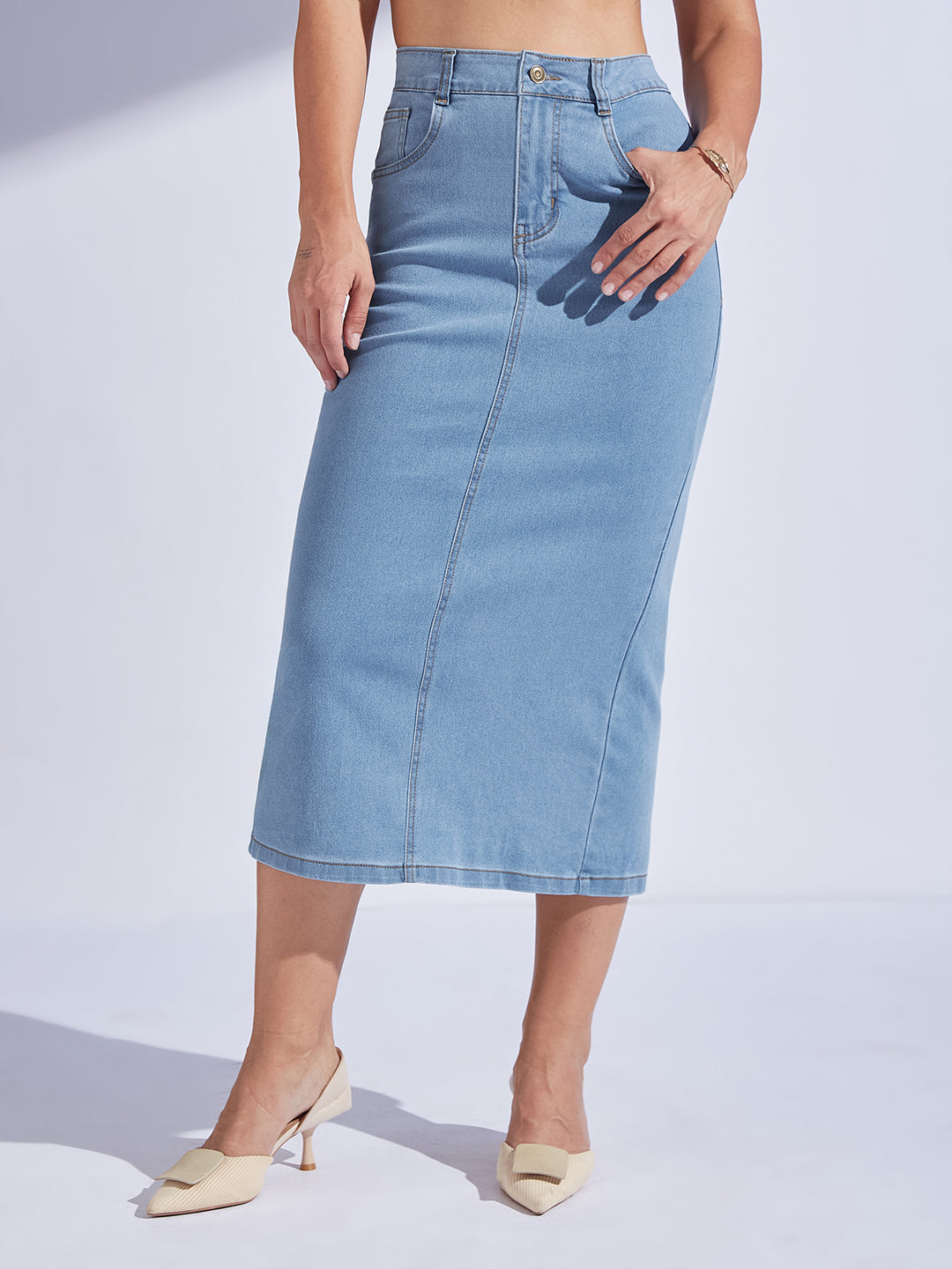 Women's Light Blue Straight-Fit High-Rise Midi Stretchable Denim Denim Skirt