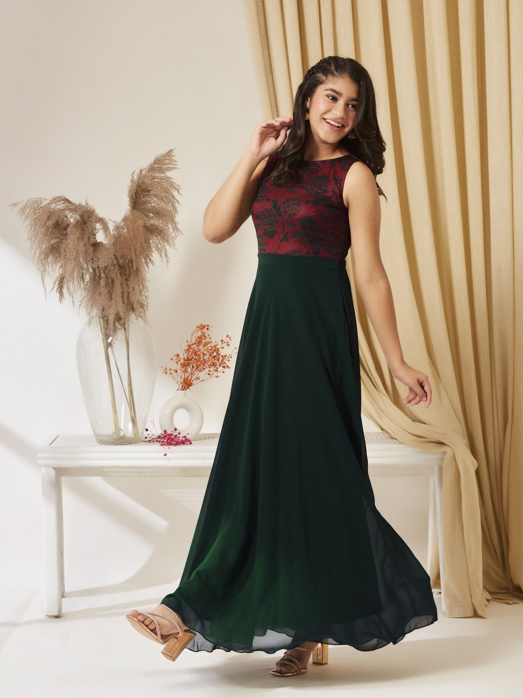 Dark Green Round Neck Sleeveless Georgette Floral Lace Fit & Flare Maxi Dress for Girls/Teenagers