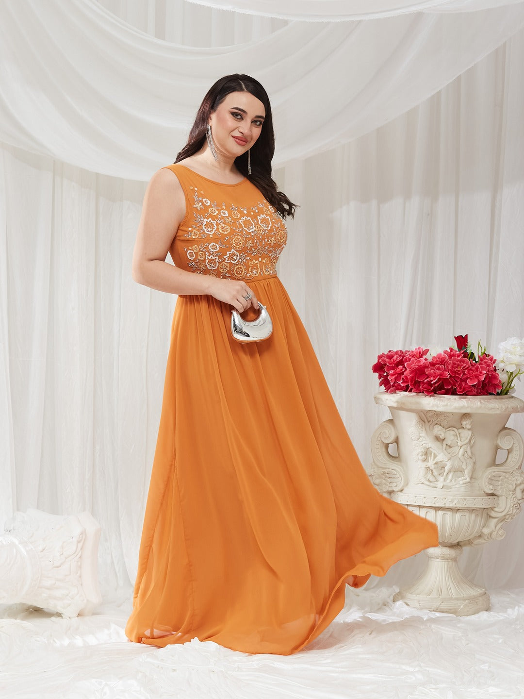 Dusty Orange Boat Neck Sleeveless Embroidered Georgette Gathered Maxi Dress for Women