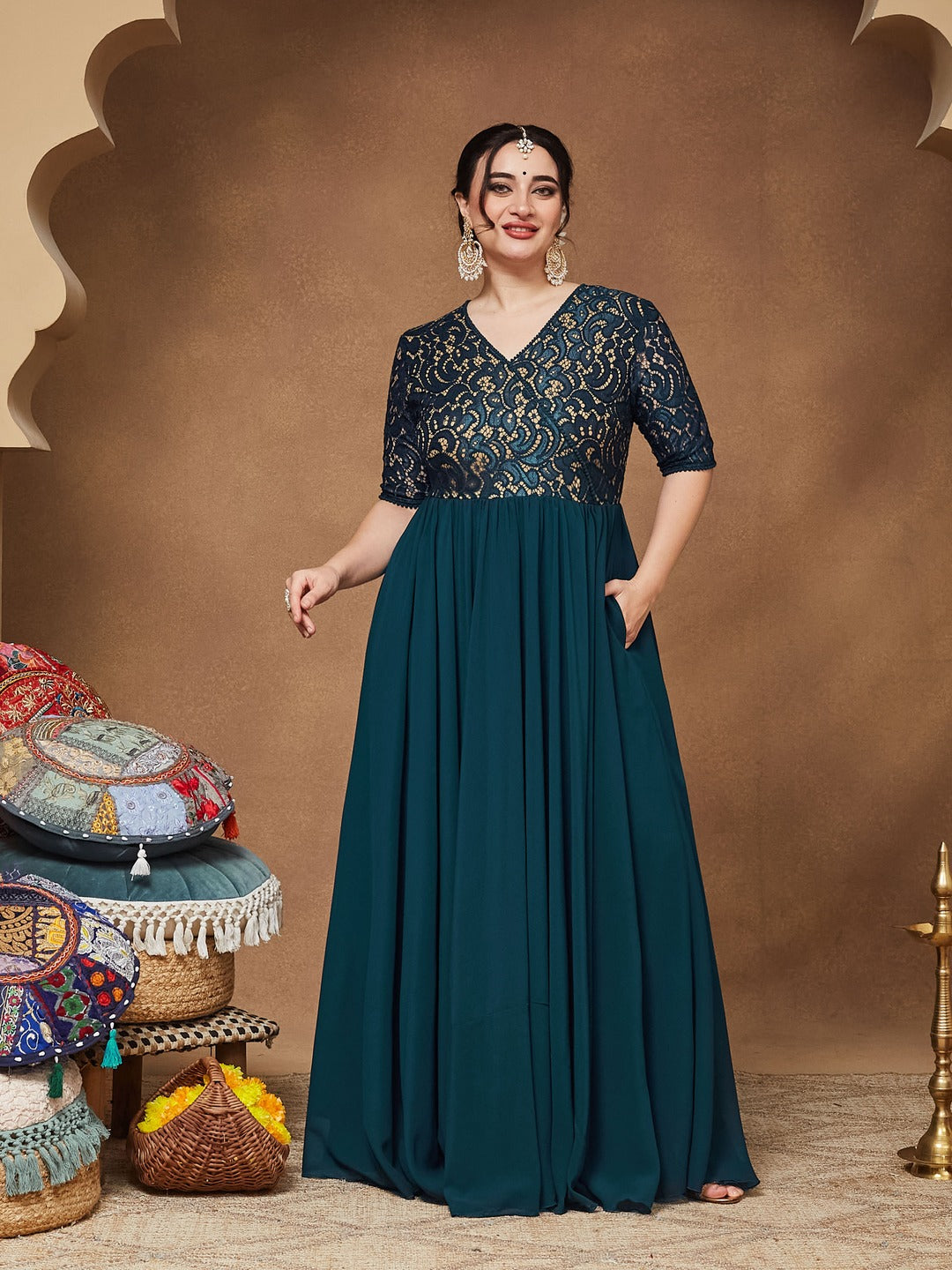 Teal V-Neck Half Sleeve Self Designed Wrap Georgette Maxi Dress for Women