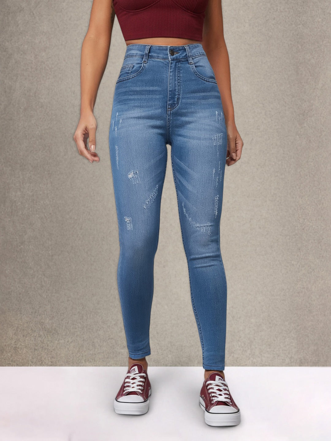 Blue Skinny High Rise Mild Distress Regular Stretchable Denim Jeans for Women