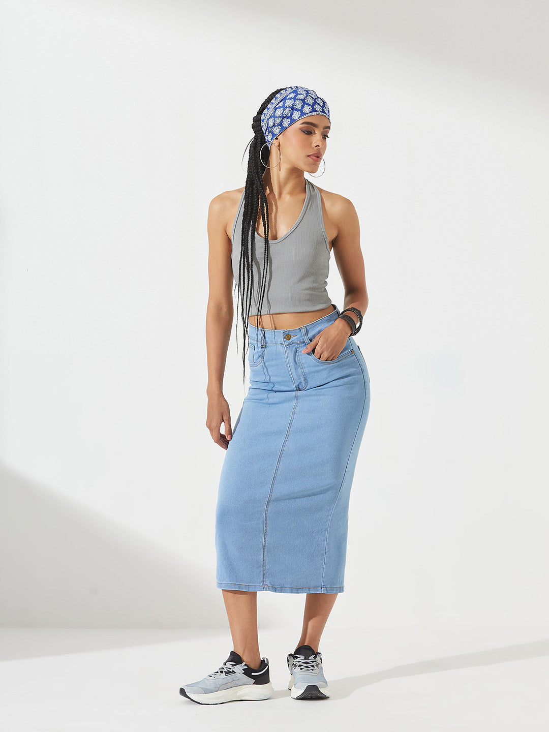 Light-Blue Straight-Fit High-Rise Midi Stretchable Denim Skirt for Women