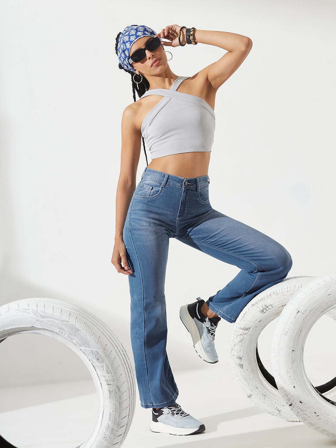 Light-Blue Wide-Leg Mid-Rise Blast Effect Light Weight Denim Jeans for Women