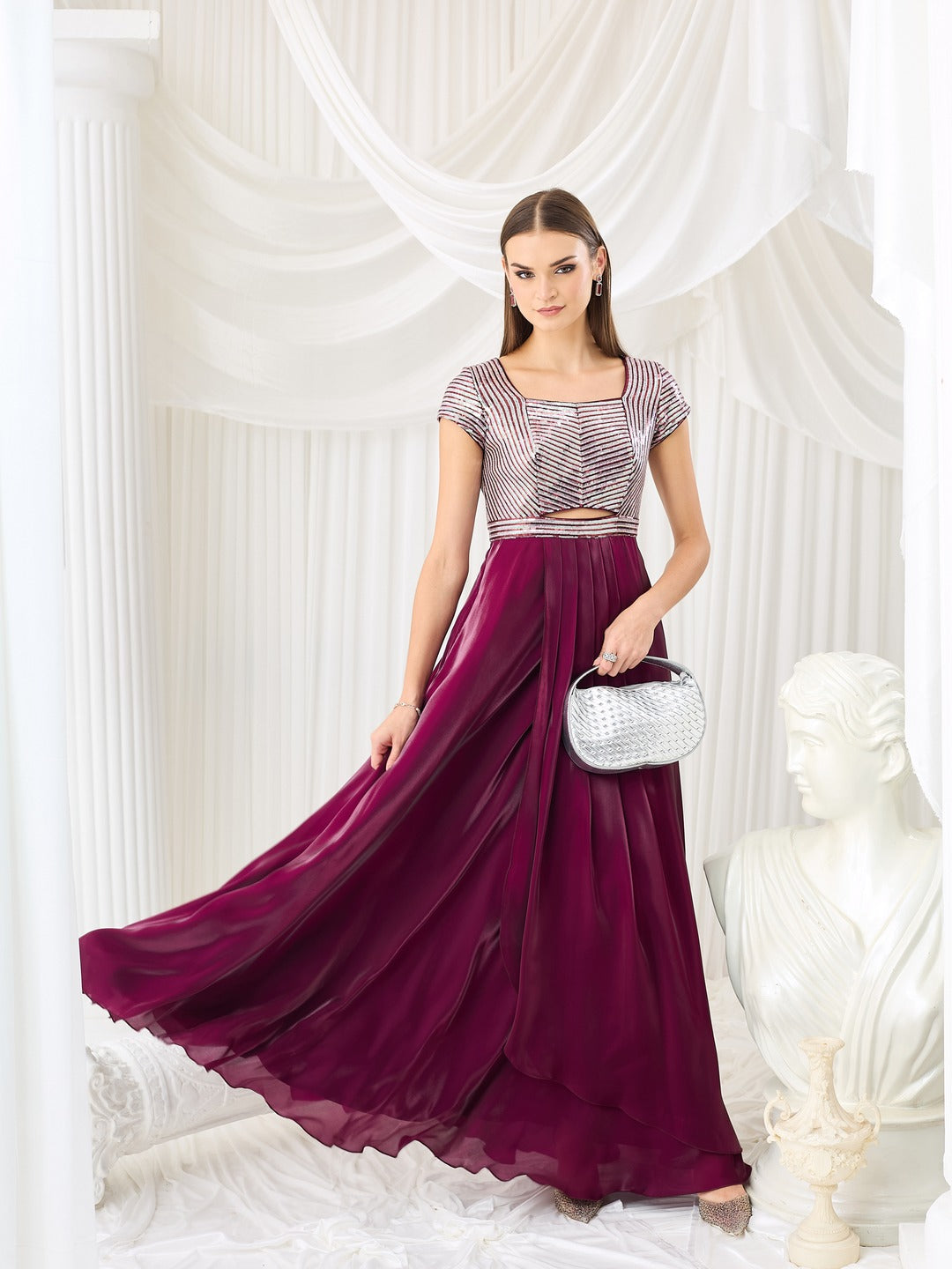 Embellished Dark Purple Gown in Luxe Pleated Satin with Sweetheart Neck for Women