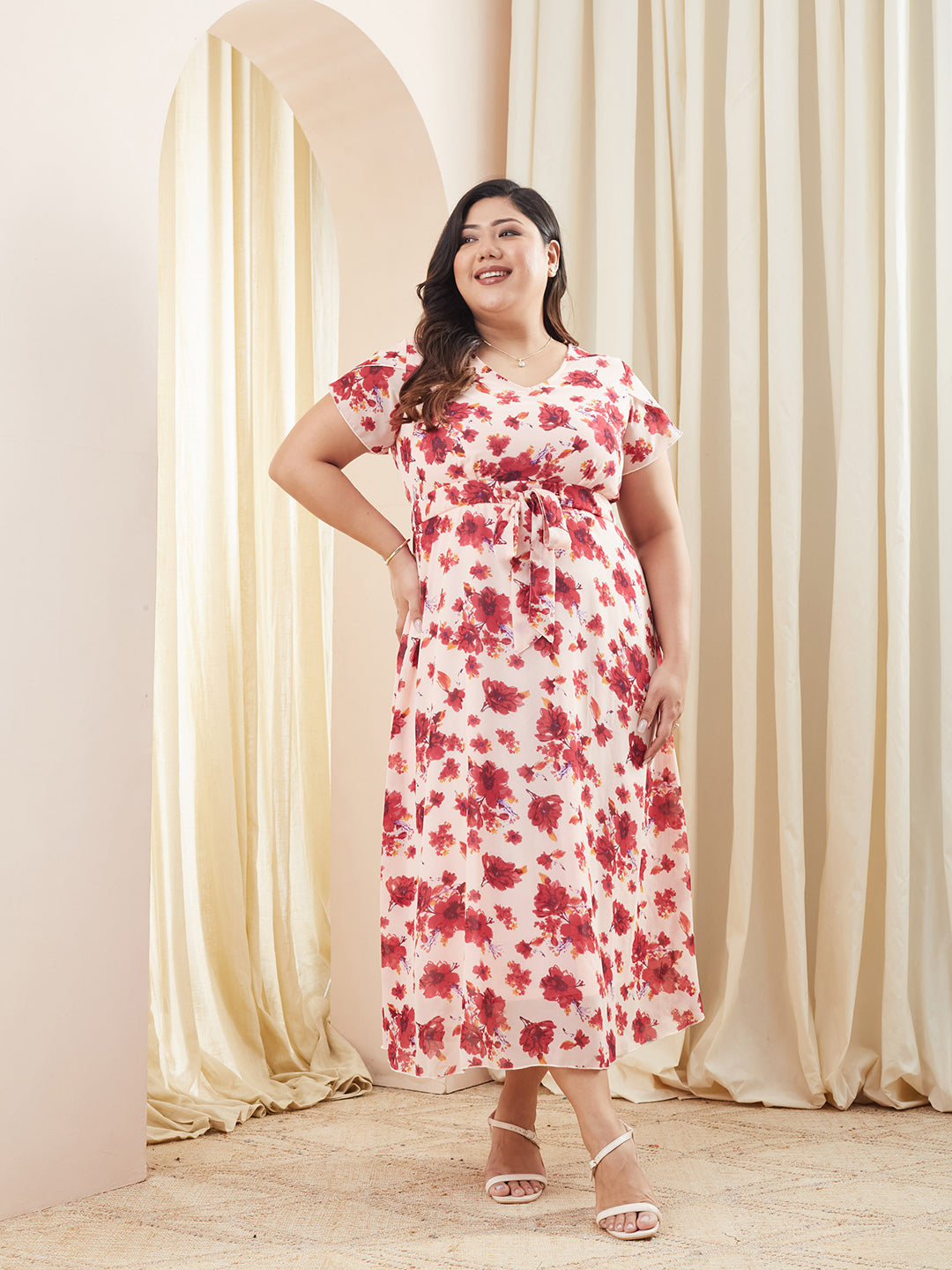 Multicolored-Base-Light Pink V-Neck Short Sleeved Floral Pleated Midi Dress for Women