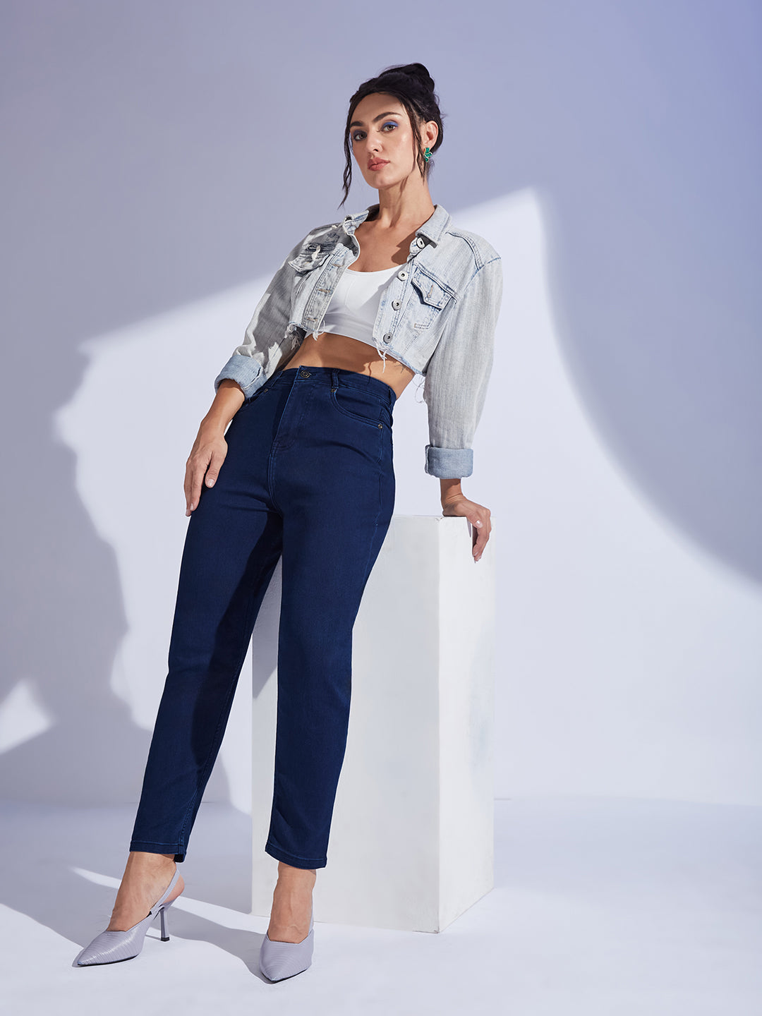 Women's Navy Blue High-Rise Regular-Length Stretchable Denim Mom'S Jeans