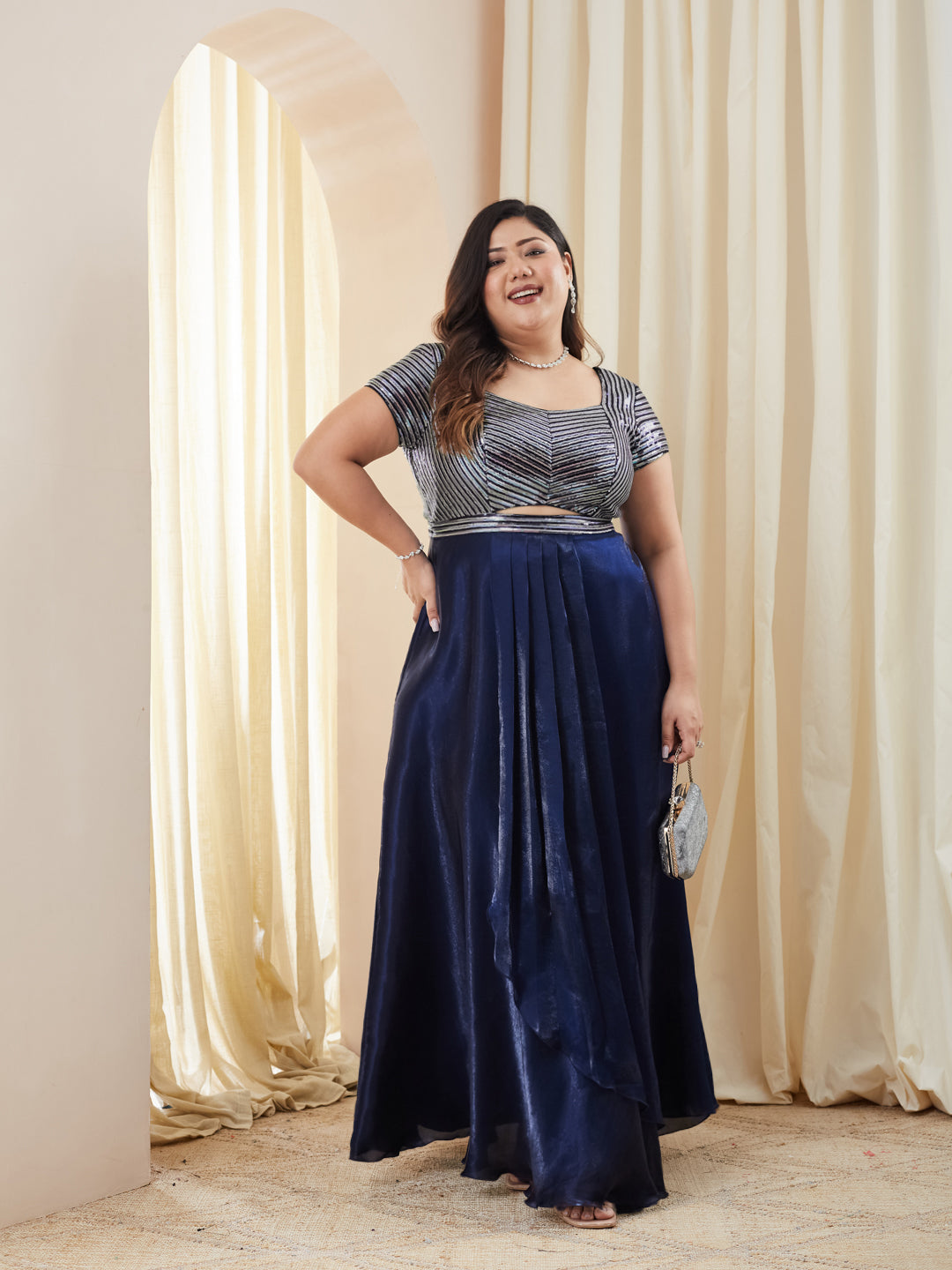 Navy Blue Sweetheart Embellished Gown in Premium Pleated Satin for Women