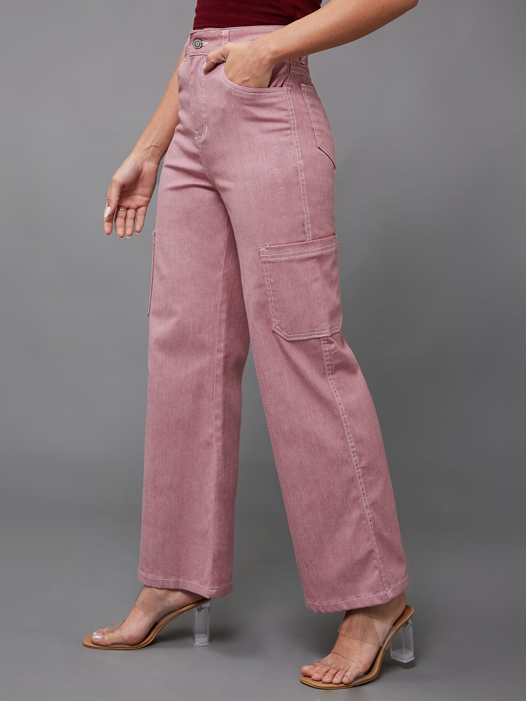 24/7 Comfort Women's Dusty Pink Wide-Leg High Rise Clean Look Regular-Length Stretchable Denim Pants