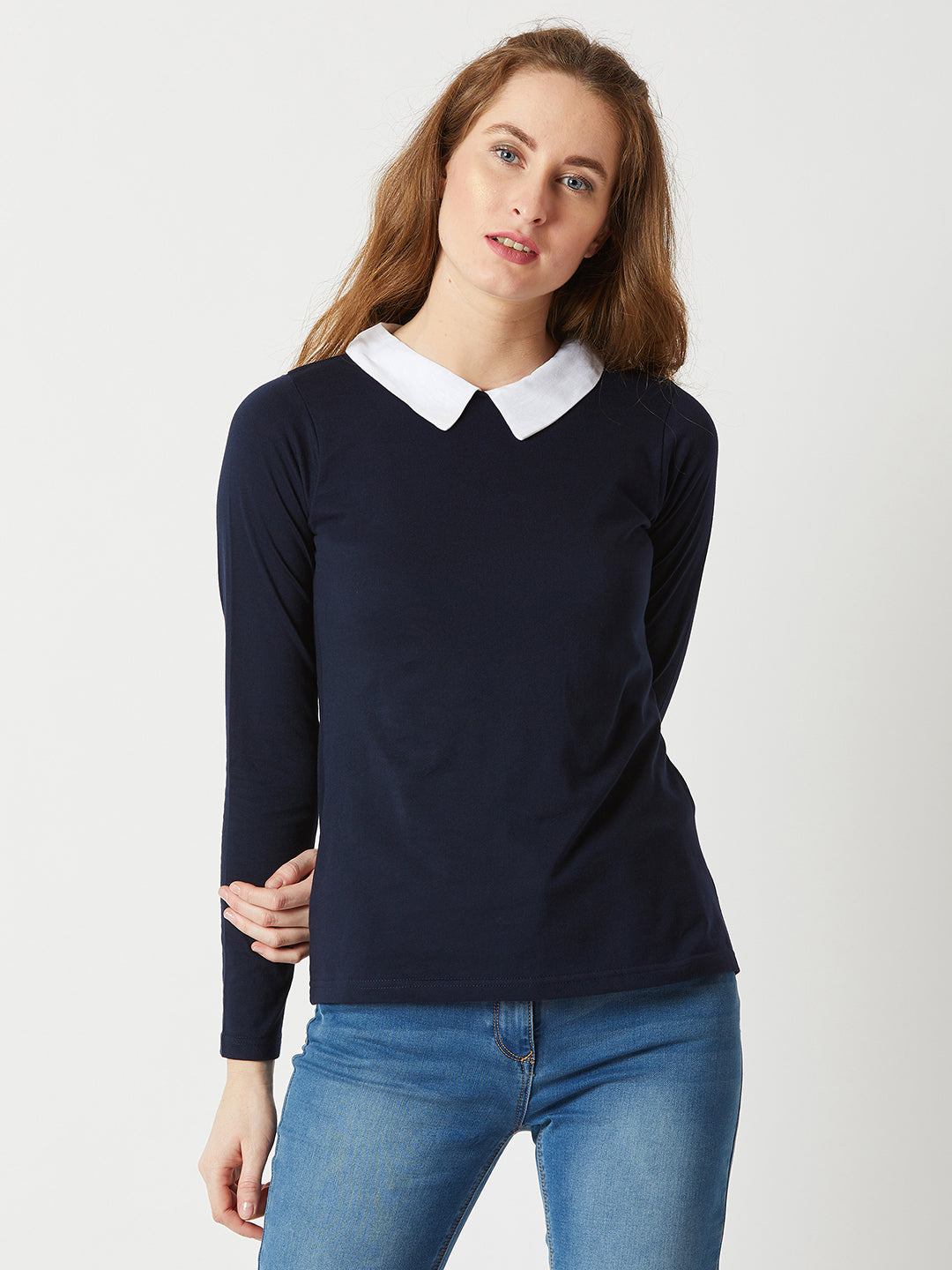 Women's Navy Blue Collared Round Neck Full Sleeve Cotton Solid Buttoned Top