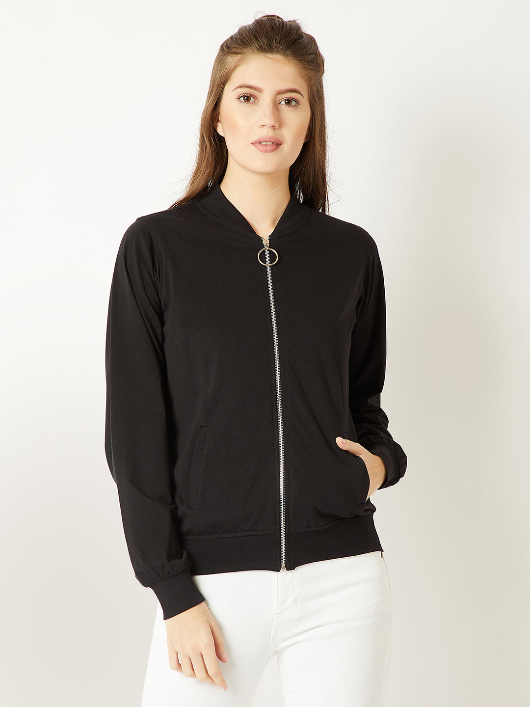 Women's Black Round Neck Full Sleeve Cotton Solid Twill Tape Detailing Ring Puller Detailing Zippered Bomber Jacket