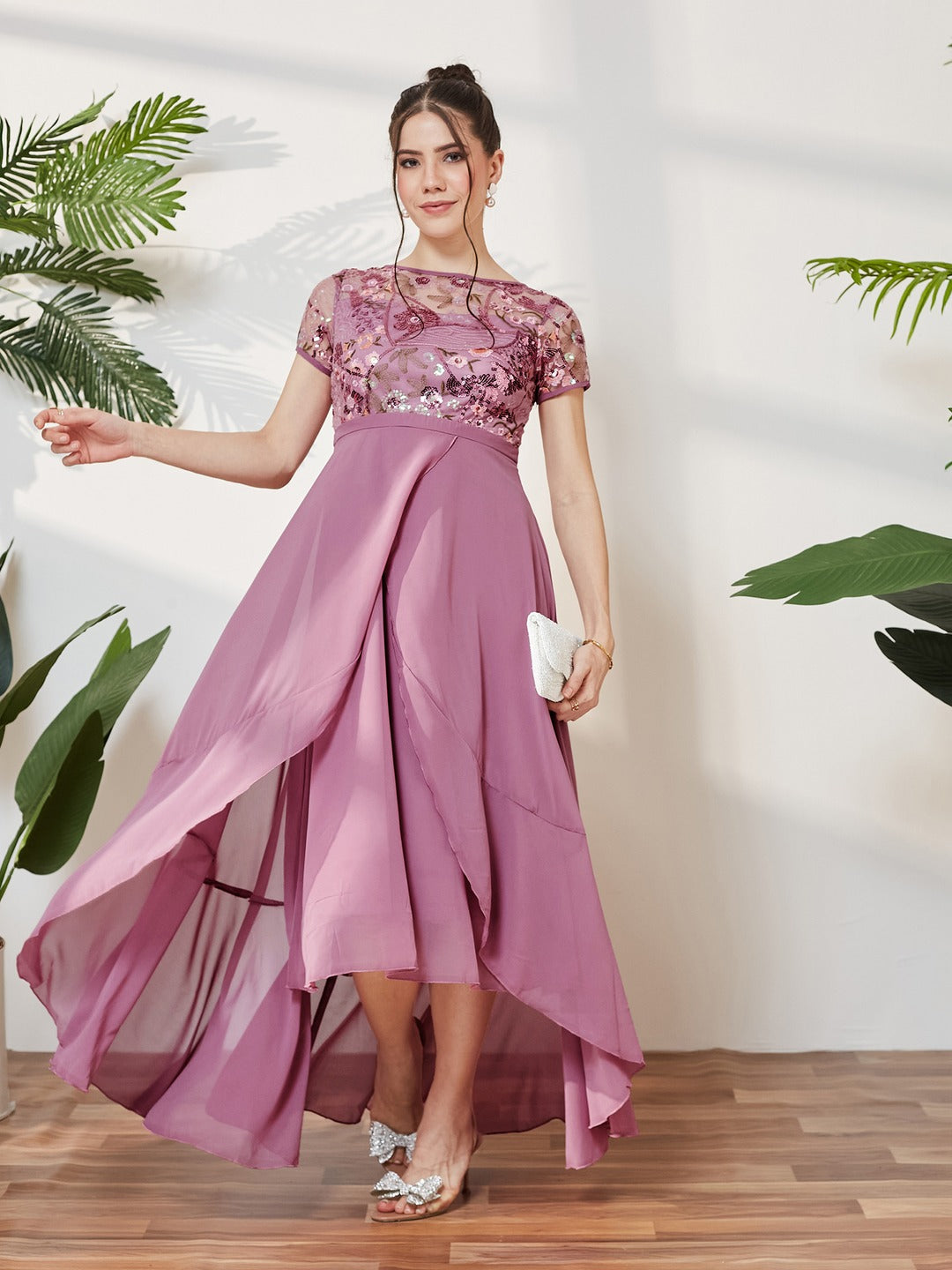 Dusty Lavender Round Neck Short Sleeve Floral Layered Georgette Midi Dress for Women