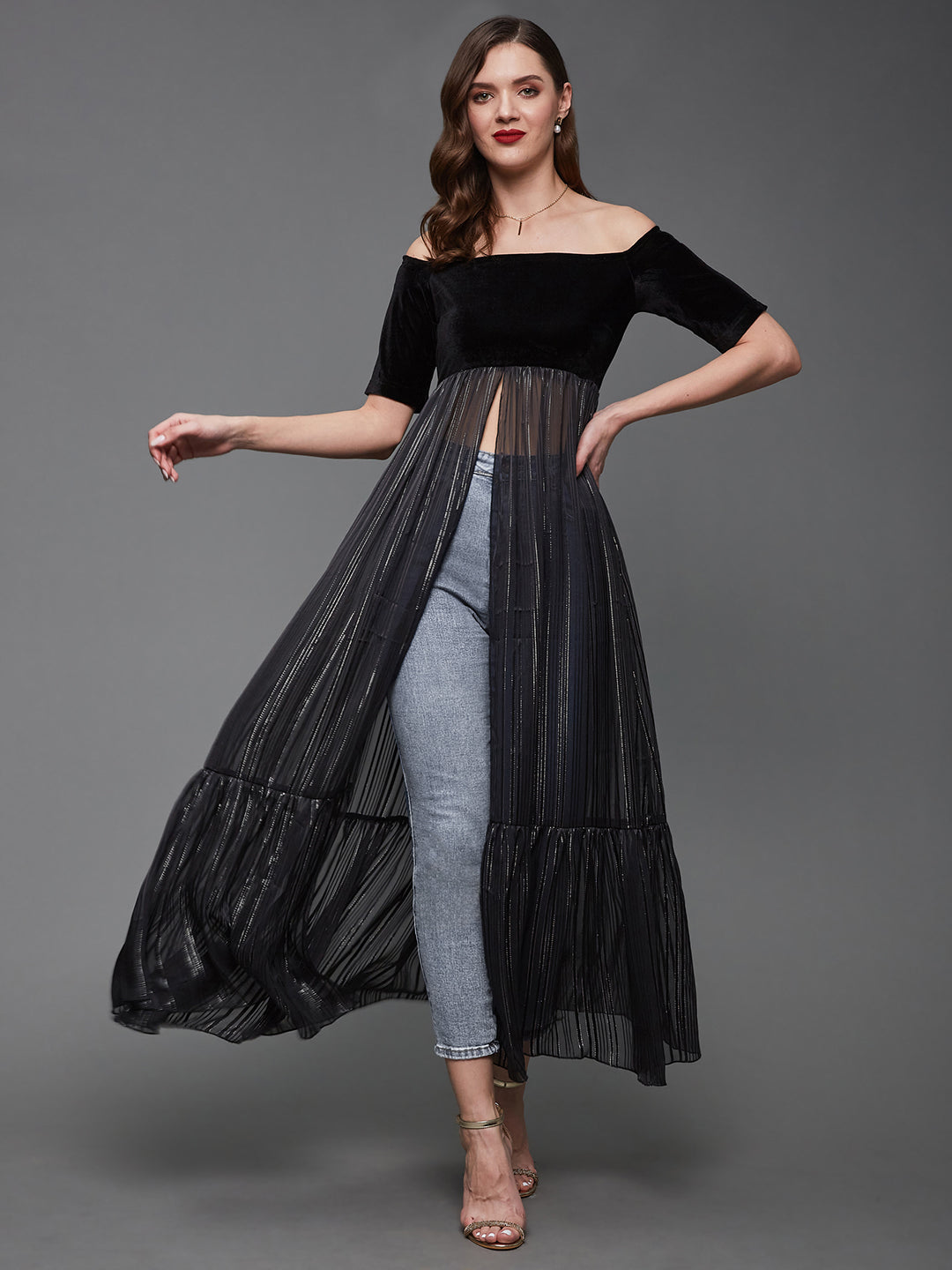 Women's Black Striped Off Shoulder Half Sleeves Georgette Bardot Maxi-Length Top