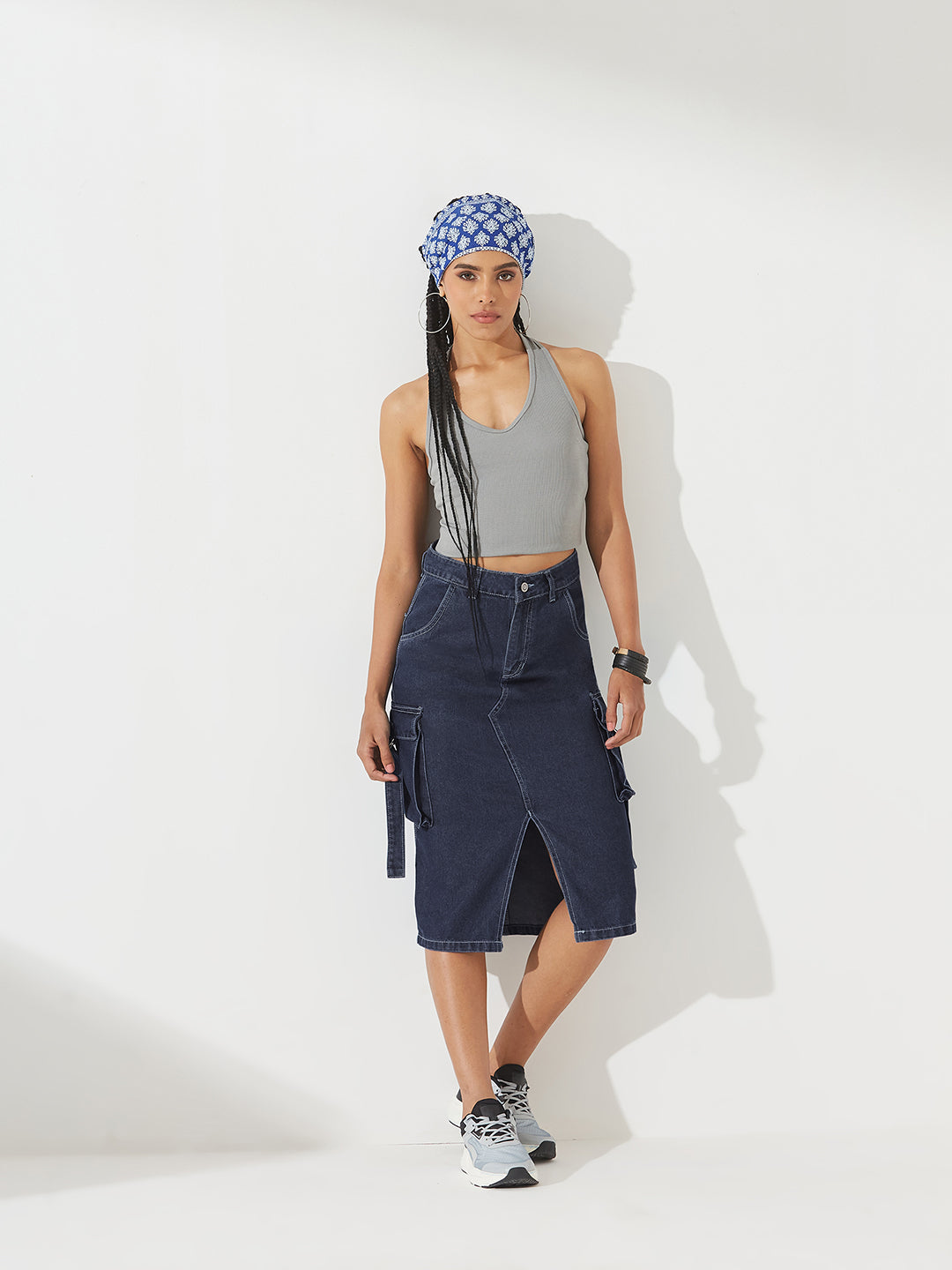 Navy Blue Straight High-Rise Midi Denim Skirt for Women