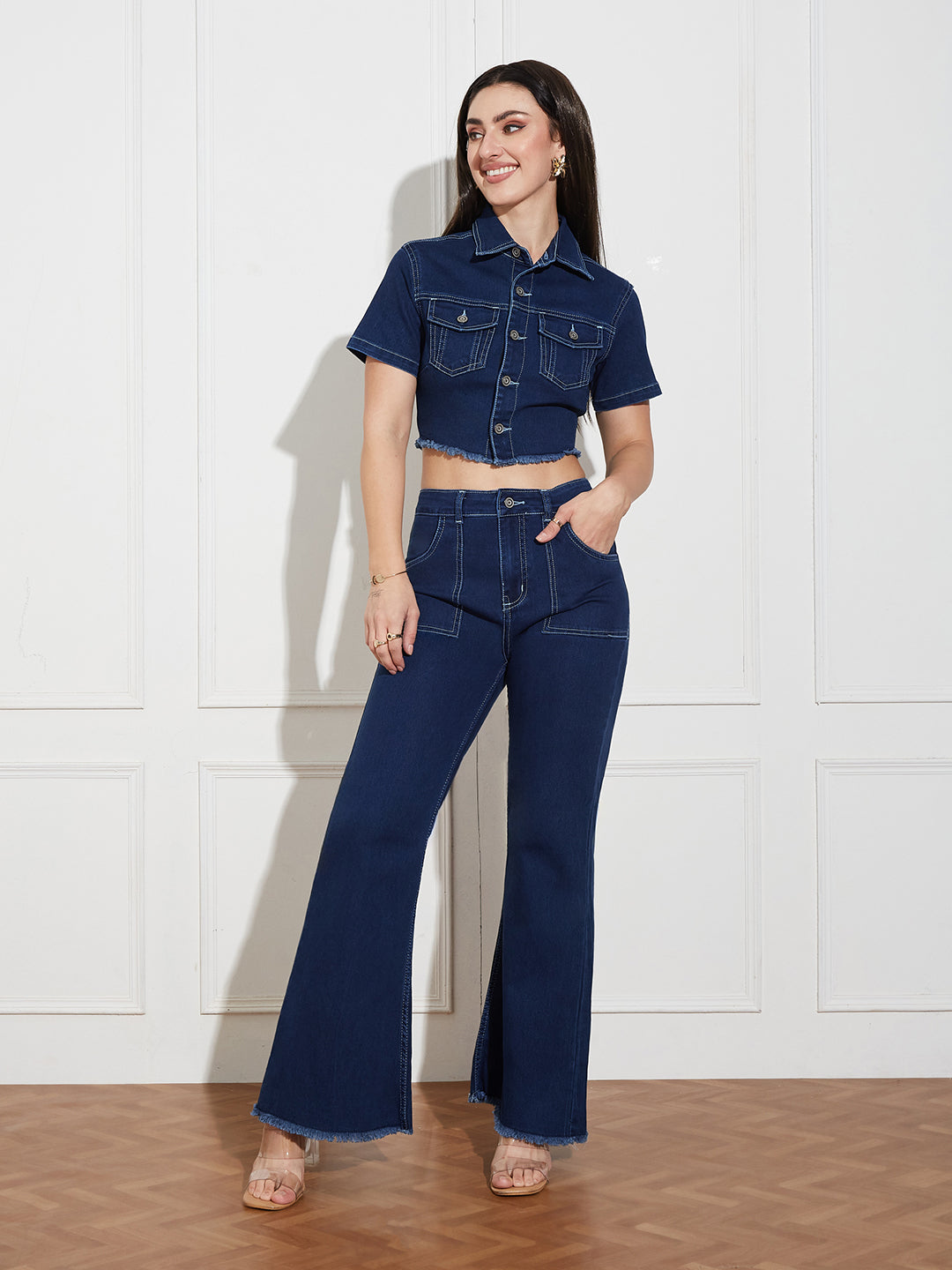 Women's Navy Blue Bootcut High-Rise Clean-Look Cropped Top, Regular Bottom Stretchable Denim Co-Ord Set