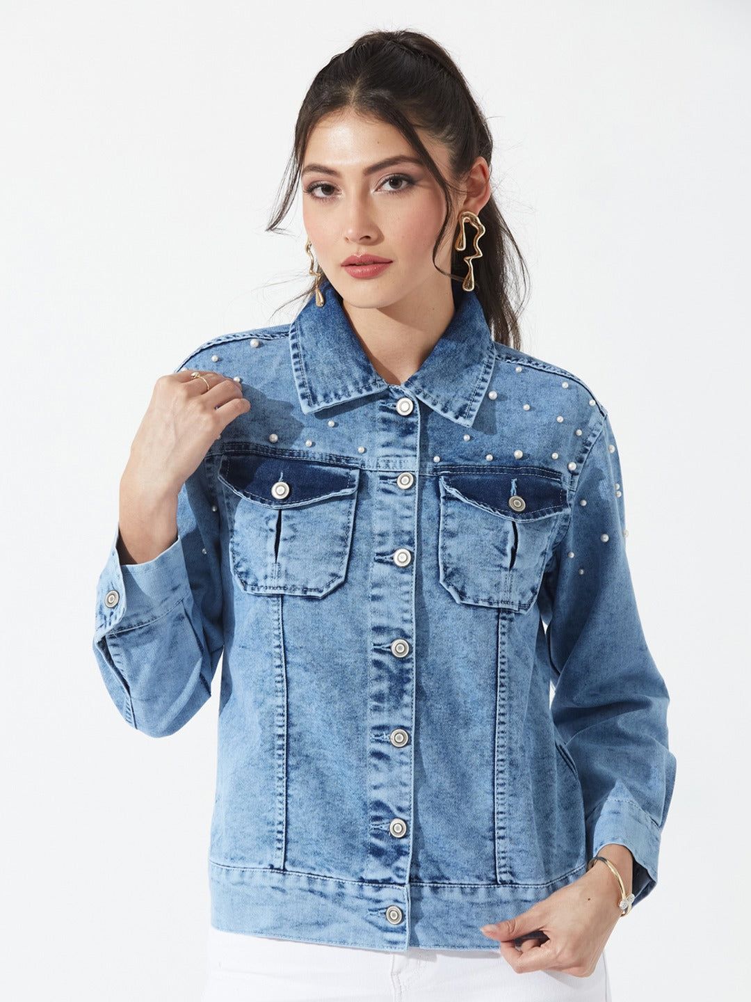 Light Blue Full Sleeve Solid Embellished Pearl Denim Jacket for Women