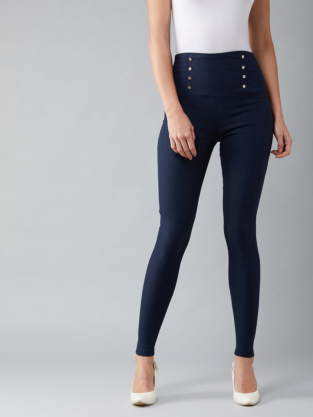 Women's Navy Blue Solid Skinny Knitted High Waist Buttoned Regular Length Treggings