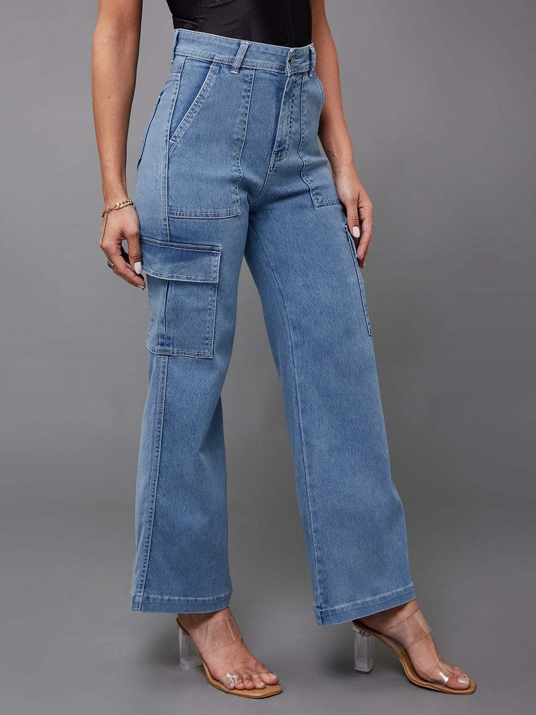 24/7 Comfort Women's Mid Blue Wide Leg High Rise Stretchable Denim Jeans