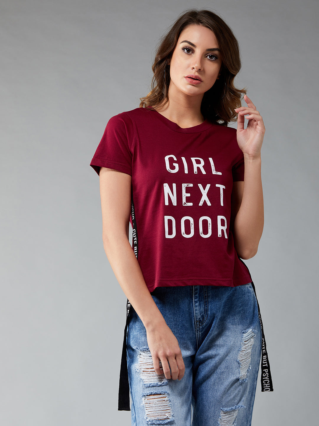 Women's Maroon Round Neck Short Sleeve Printed Basic Crop T-Shirt