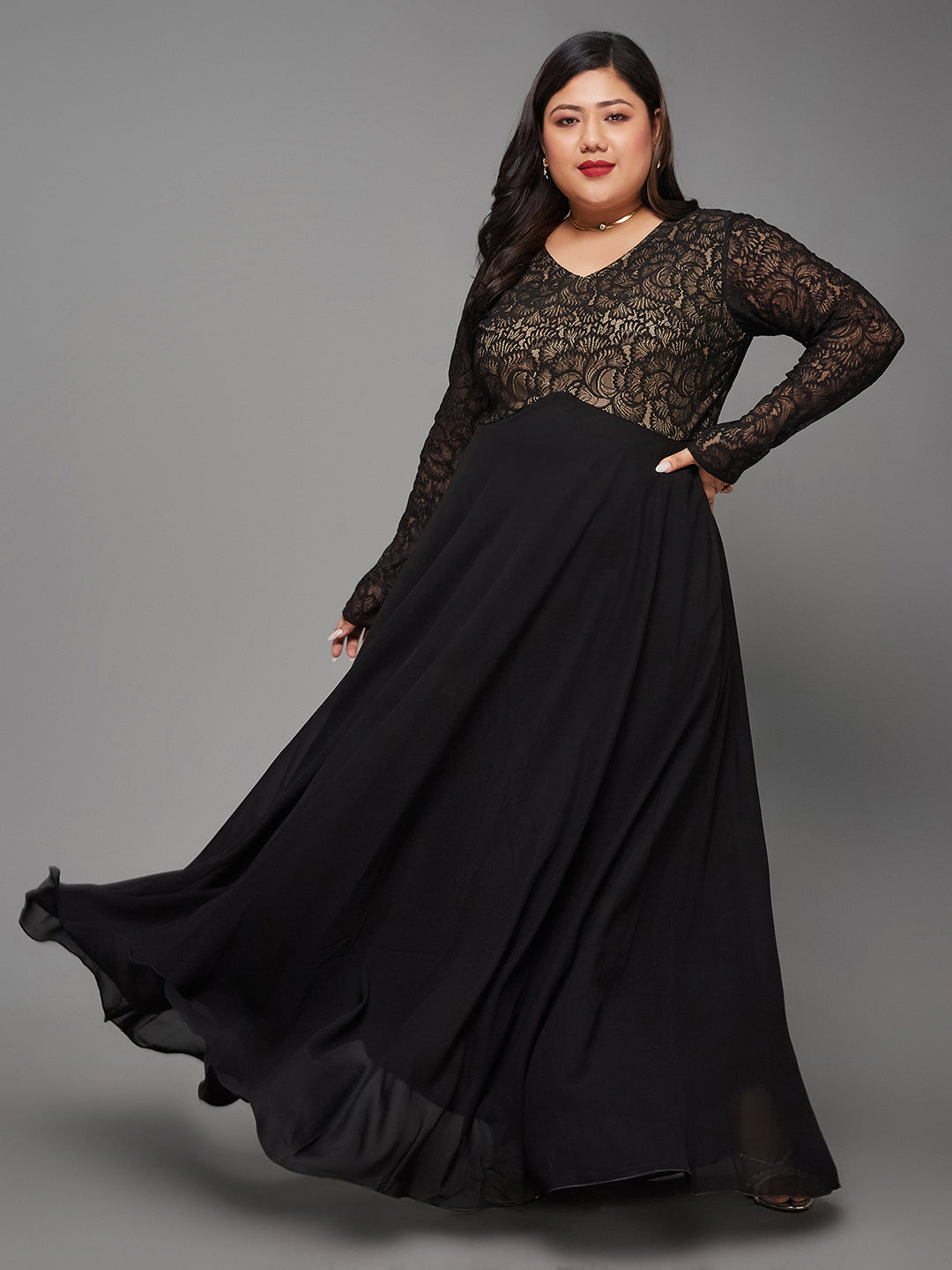 Women's Black V-Neck Full Sleeve Self Design Lace-Overlaid Georgette Maxi Dress