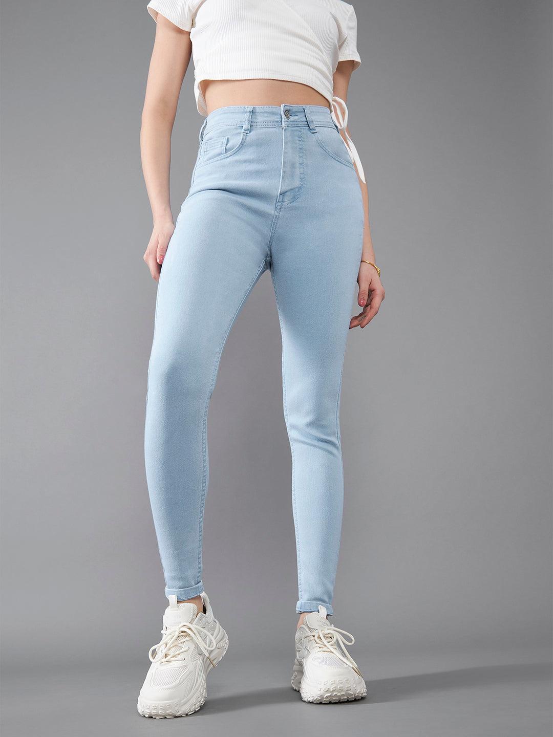 Women's Light Blue Skinny High Rise Distressed Ice Wash Denim Jeans