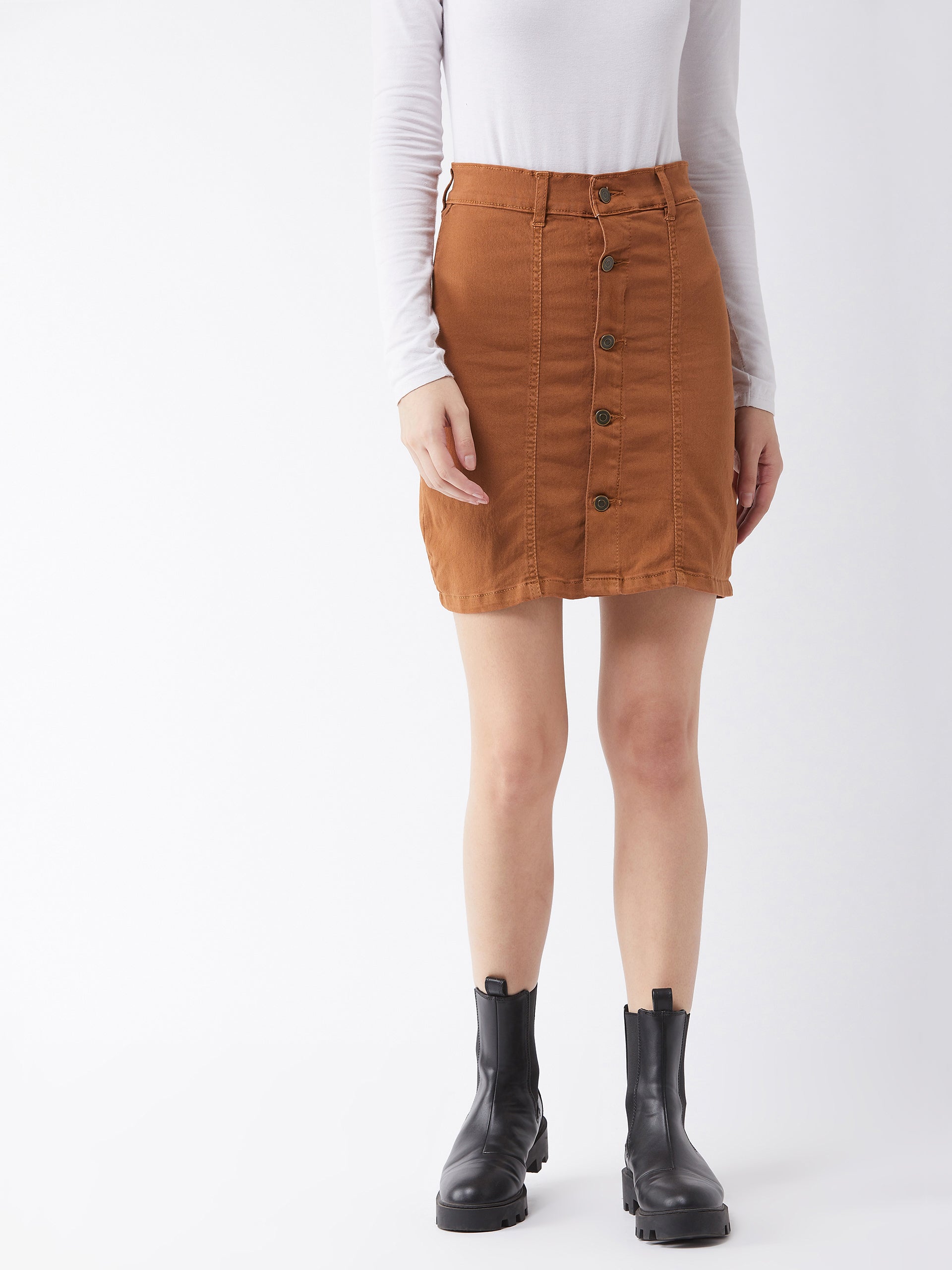 Women's Rust Cotton Slim Fit Relaxed High Rise Mini Denim Skirt