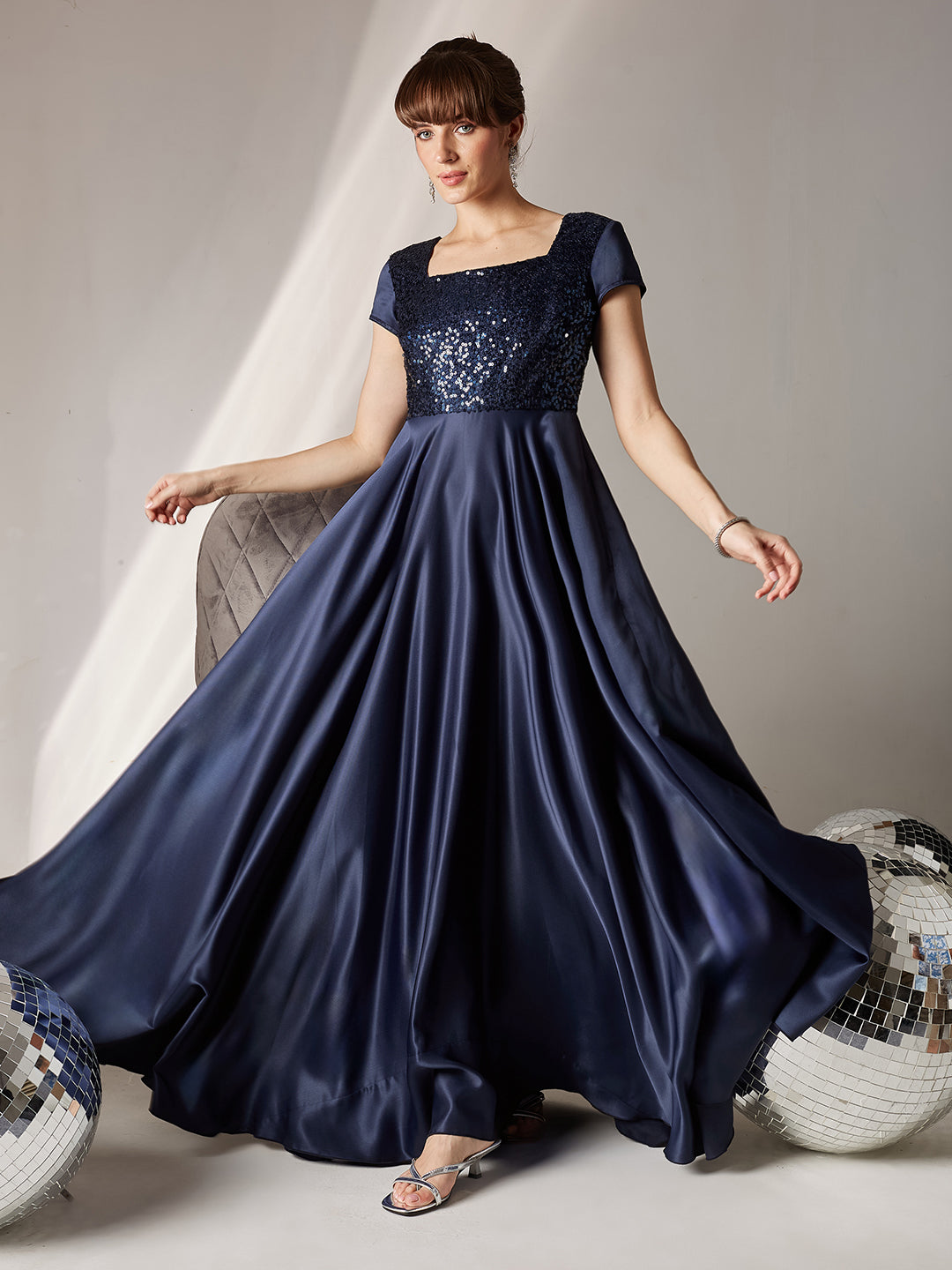 Women's Navy Blue Square Neck Short Sleeve Embellished Polyester Fit & Flare Maxi Dress