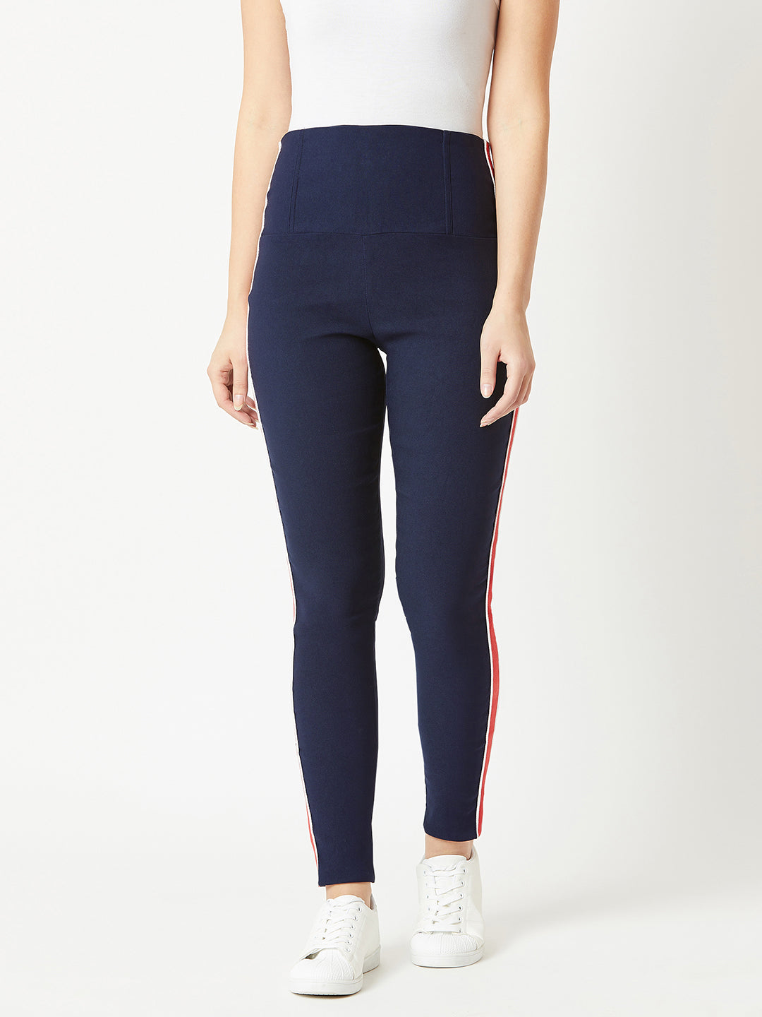 Women's Navy Blue Solid Skinny Knitted Twill Tape Detailing Regular Length High Waist Jeggings